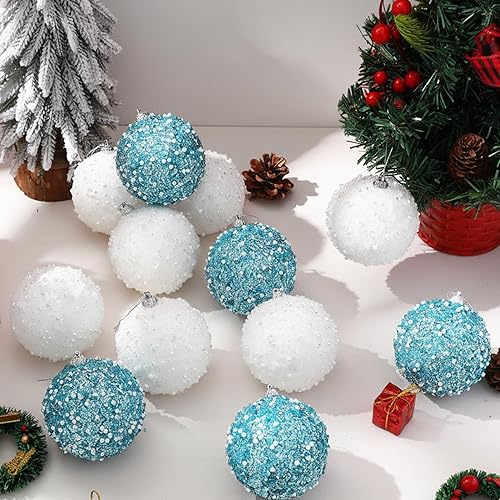 Vista 112 de Lyrow Juego de 24 adornos de bolas de Navidad con purpurina de 4 pulgadas, bolas de Navidad a granel, adornos colgantes de espuma de lentejuelas