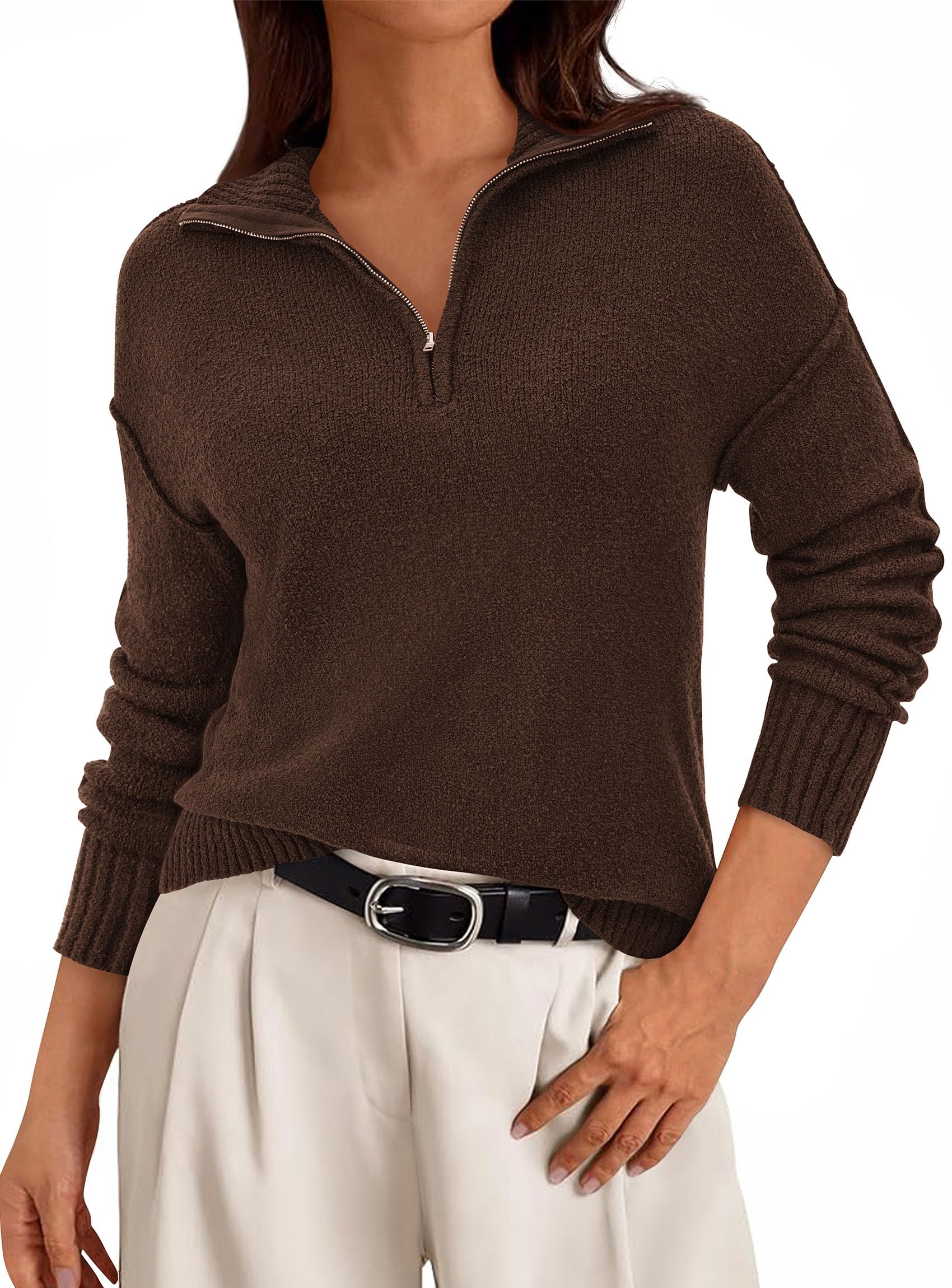 PRETTYGARDEN Womens Fall Quarter Zip Pullover Sweaters 2025 Dressy Casual Long Sleeve V Neck Collared Knit Jumper Tops