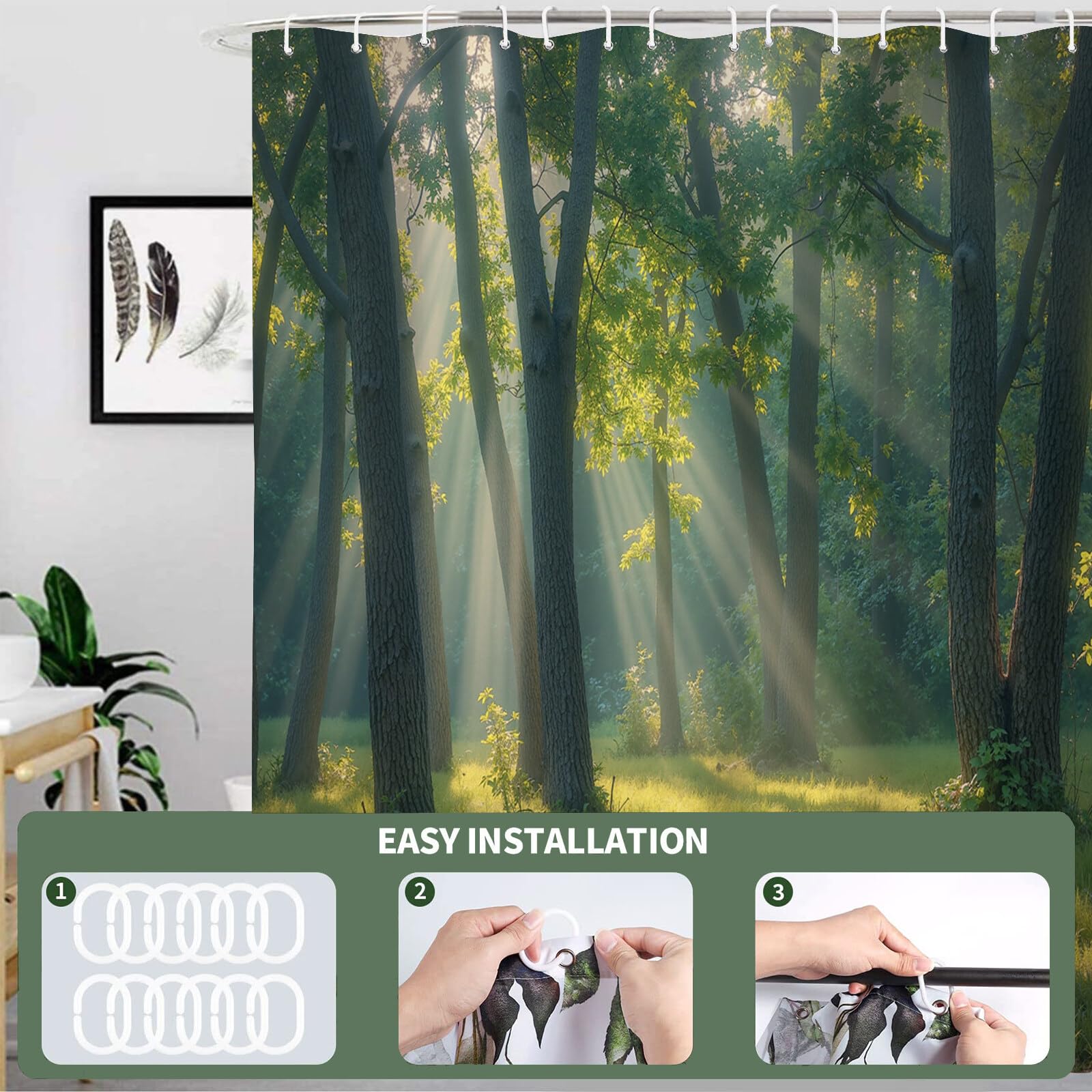 Rideau Douche,Rideau Baignoire Lavable en Machine Rideaux Douche Tissus Lavable Rideau De Baignoire Lavable pour Salle De Bain Domicile Baignoire Famille,Forêt Ensoleillée,