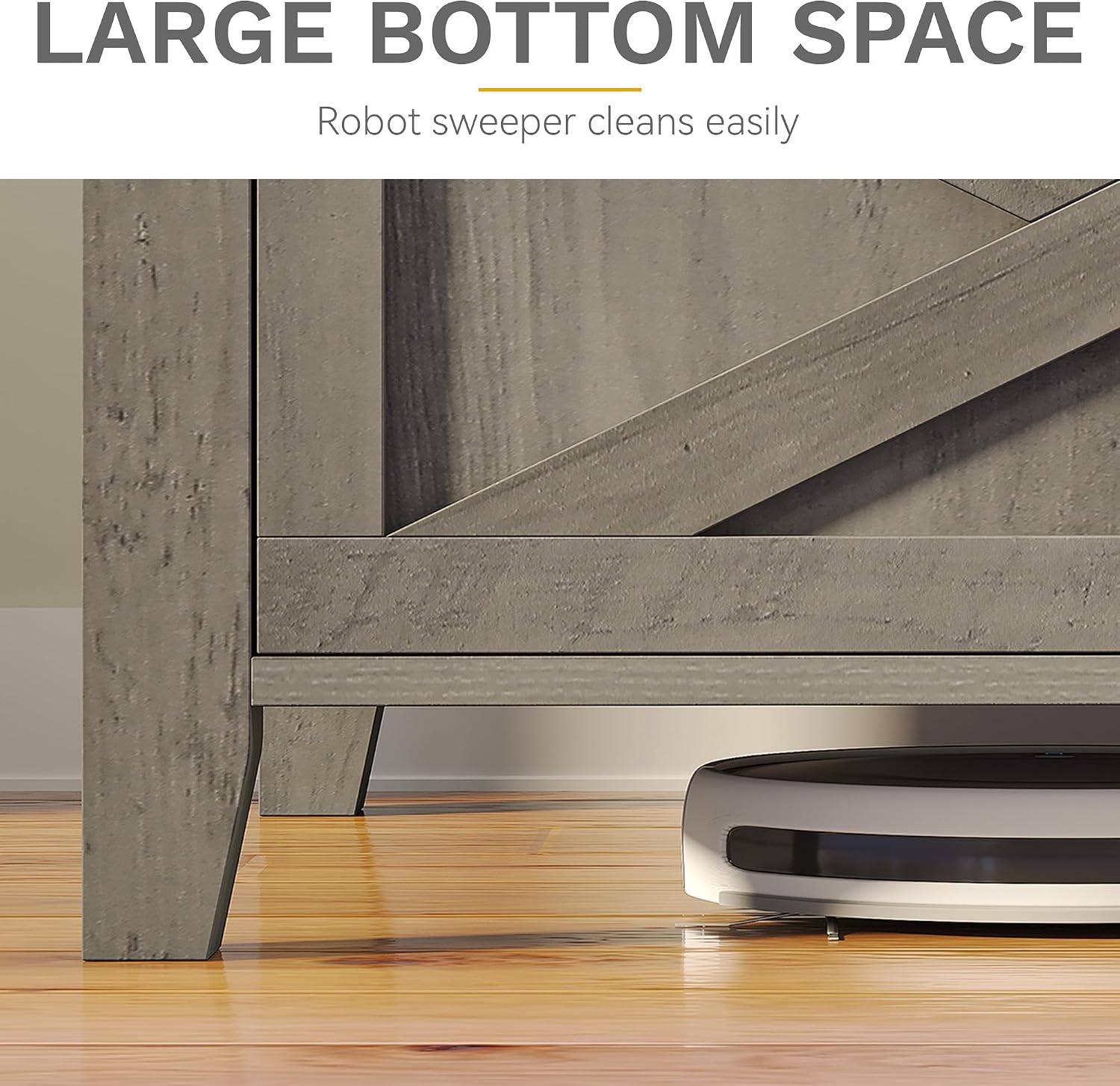 Robot vacuum cleaning under the TV stand, showing ample clearance