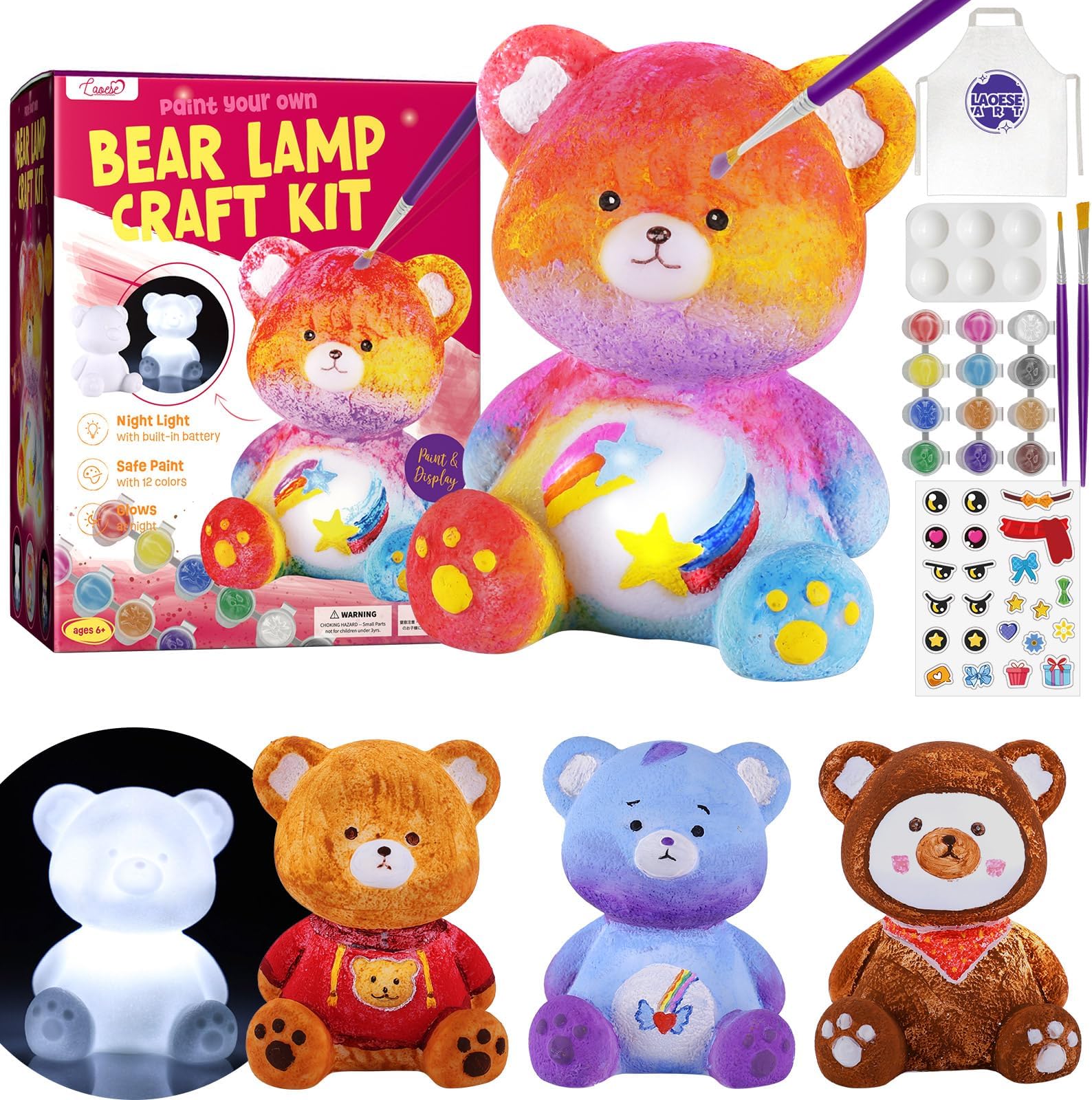 LAOESE Paint Your Own Bear Lamp Kit, Art Supplies Bear Painting Kit for Kids 6-12, Arts and Crafts for Kids Ages 8-12, Bear Toy Girls Boys Birthday Easter Gifts for Kids Ages 3 4 5 6 7 8 9 10 11 12+
