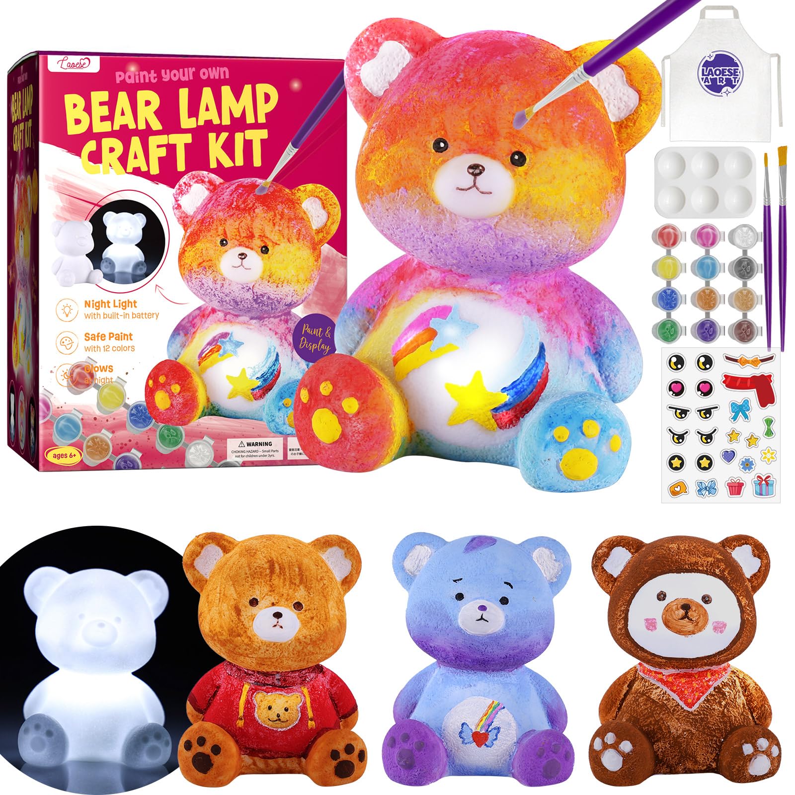 Paint Your Own Bear Lamp Kit, Art Supplies Bear Painting Kit for Kids 6-12, Arts and Crafts for Kids Ages 8-12, Bear Toy Girls Boys Halloween Birthday Christmas Gifts Ages 3 4 5 6 7 8 9 10 11 12+