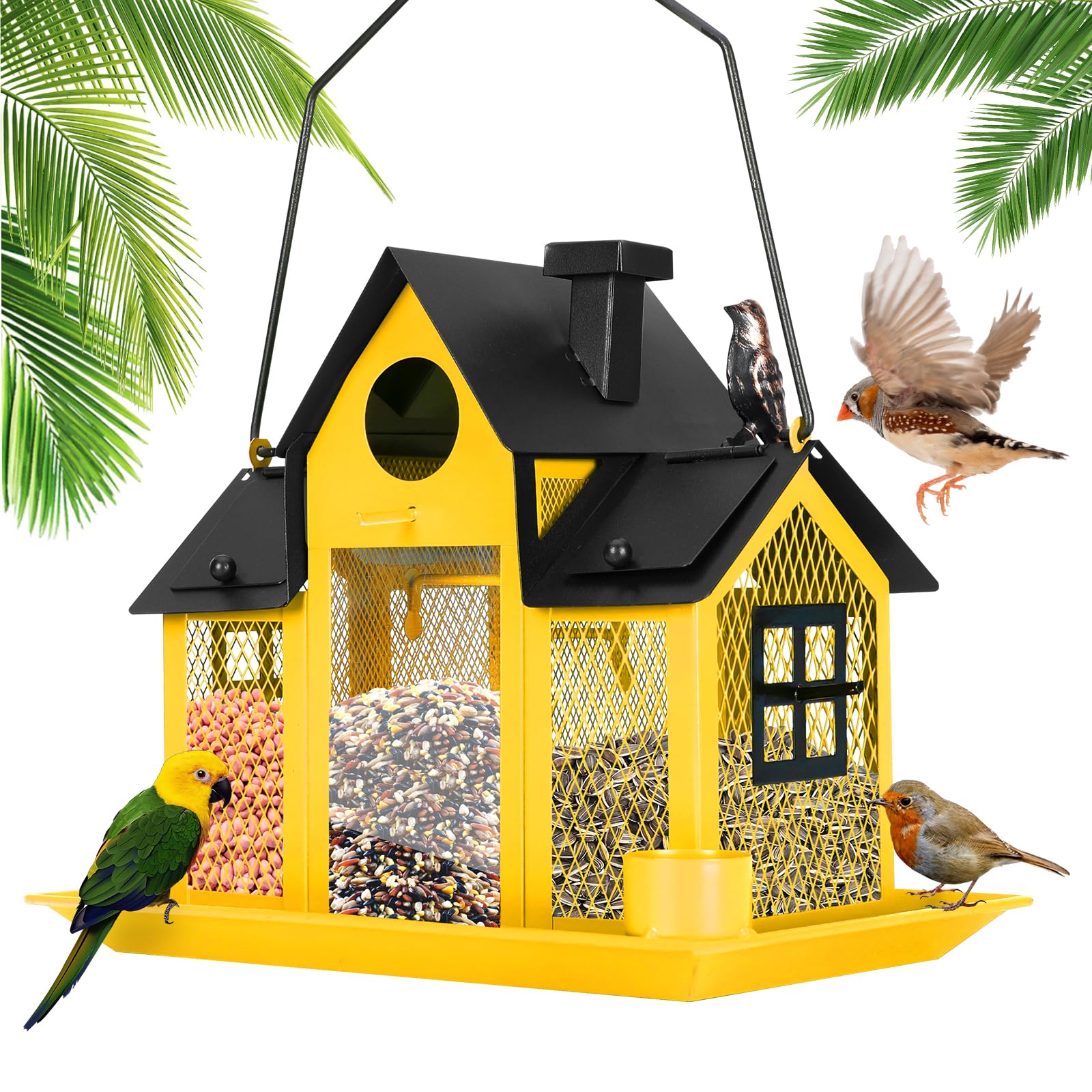 Squirrel Proof Bird Feeders House for Outside Hanging, Solar Wild Bird Feeder for Outdoors Large Capacity Cardinal Birdfeeder Birdhouses Metal Bird Feeding Station Yellow