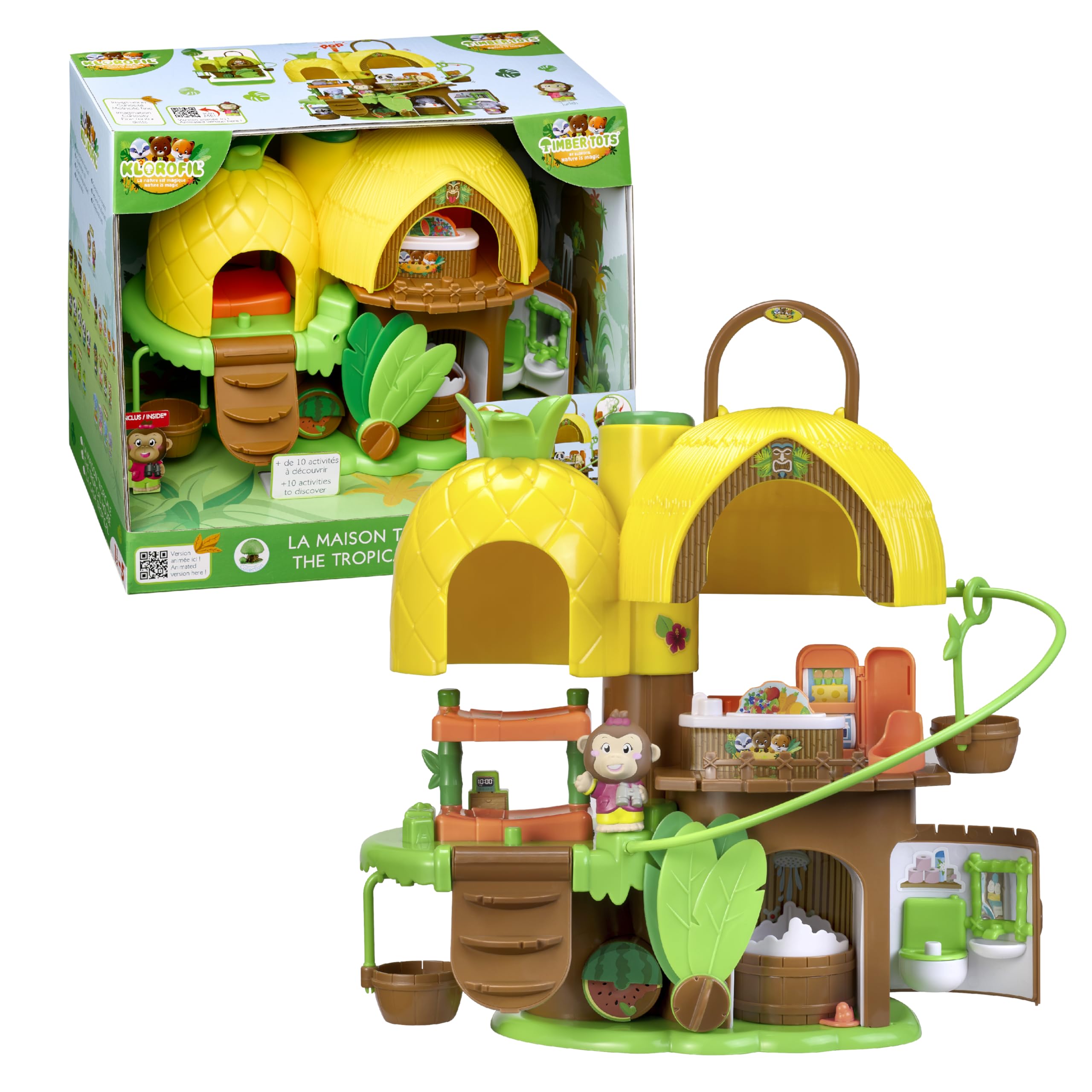 Klorofil – Tropisches Haus Miniaturwelt – Ab 18 Monaten – Schlafzimmer, Küche, Badezimmer, Seilbahn – Pop Up, Spiegel, Fruchtrad – 1 Figur inklusive – Geschenkidee Kinderspielzeug – Mädchen Junge