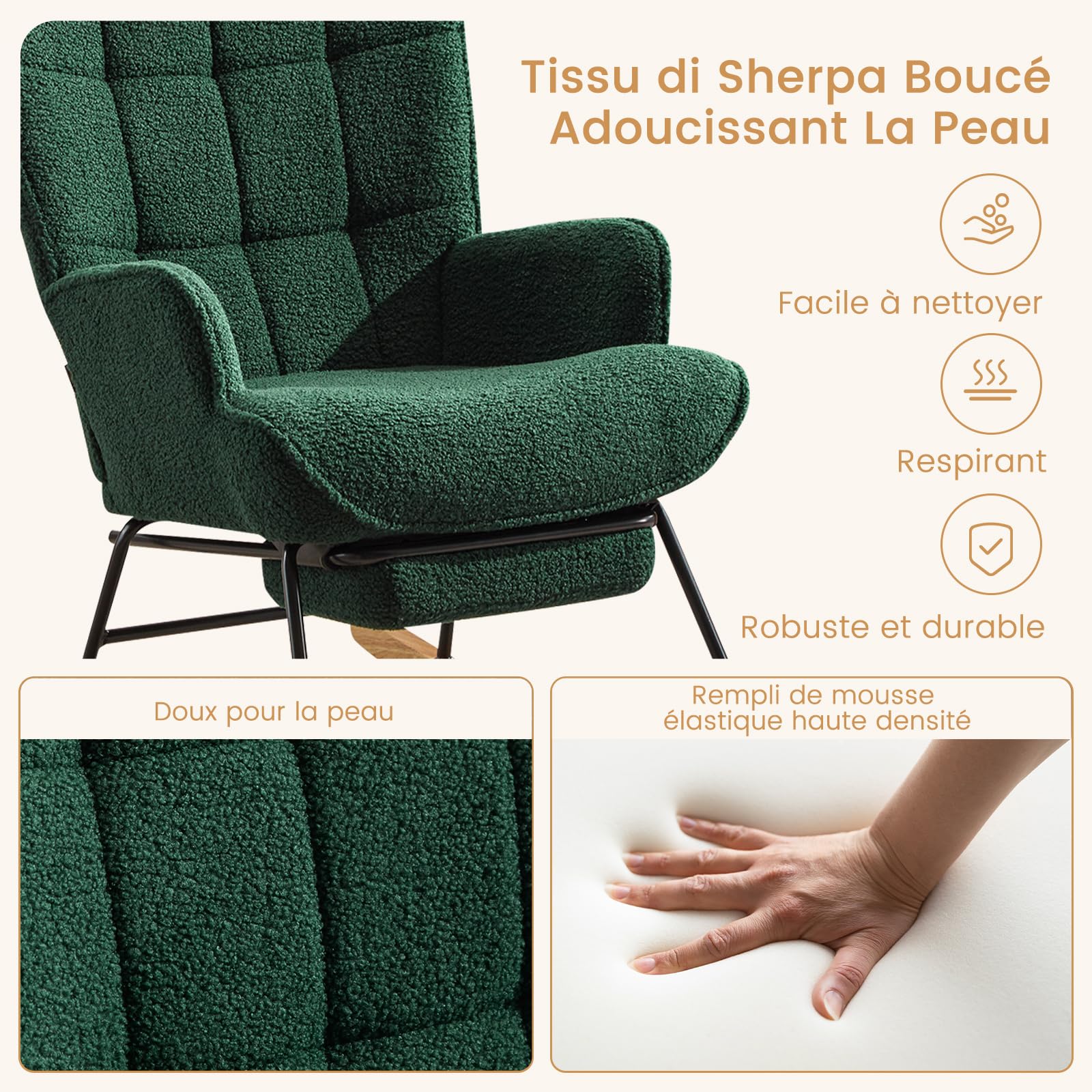 Schaukelstuhl mit Fußstütze, Schaukelsessel mit Fußstütze, Teddystoff Gepolsterter Relaxstuhl Lesesessel Sessel mit Holzkufen für Schlafzimmer Wohnzimmer, Grün