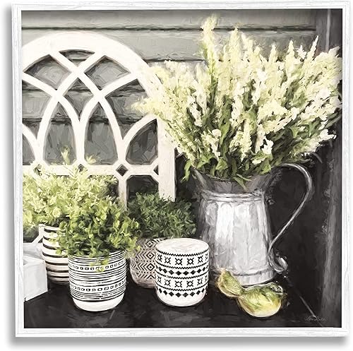 Stupell Industries Country Corner Still-Life Cottage Florals in Tarros, arte para pared, 17 x 17, marco blanco