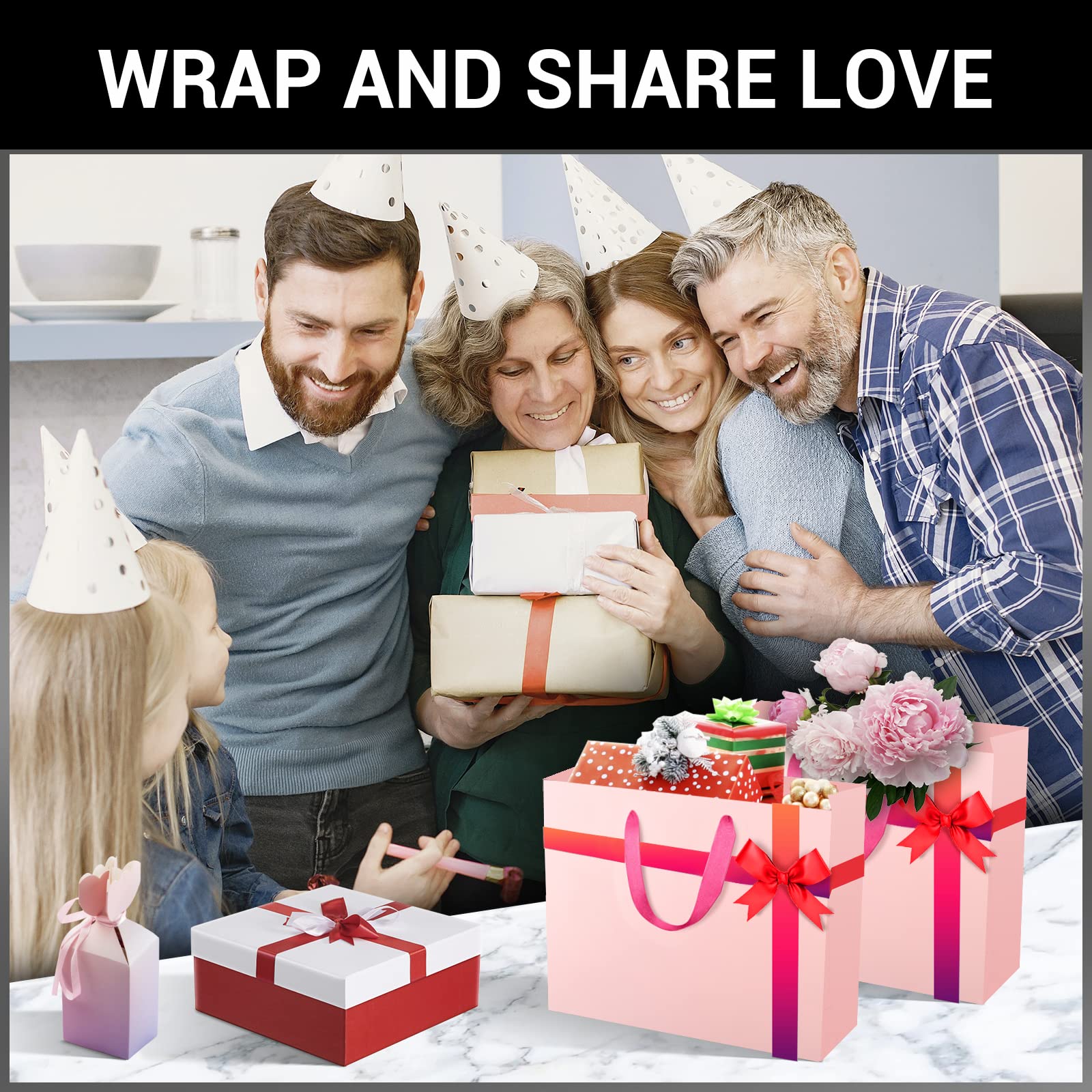 EUSOAR Small Pink Gifts Wrap Bags, 50 Pack 8.6x3.9x7 inches Shopping Bags with Handles Bulk, Party Favor Wrapping Bags for Wedding, Craft Grocery, Boutique, Retail, Business