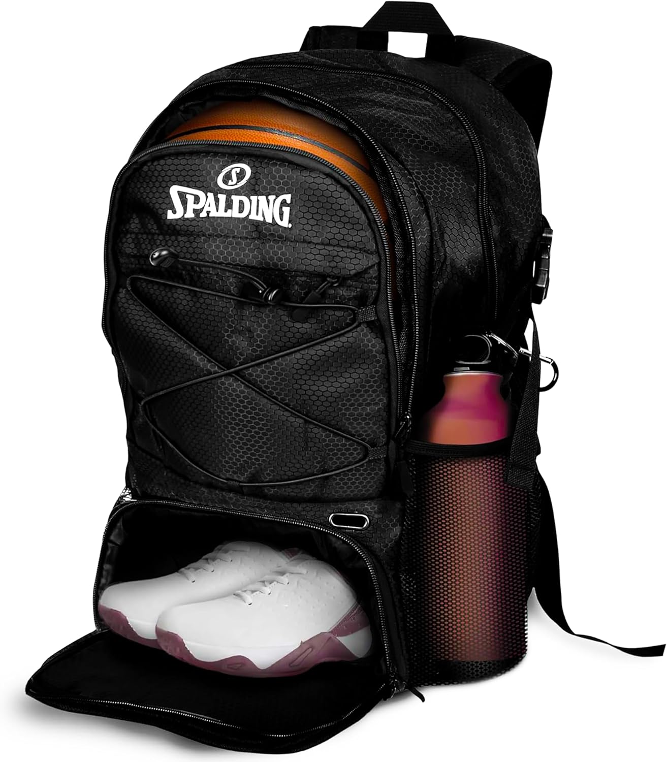 Spalding Ultimate Basketball Backpack - Large Black 30L Gym Bag with Ventilated Shoe & Ball Compartments, Waterproof for Athletes