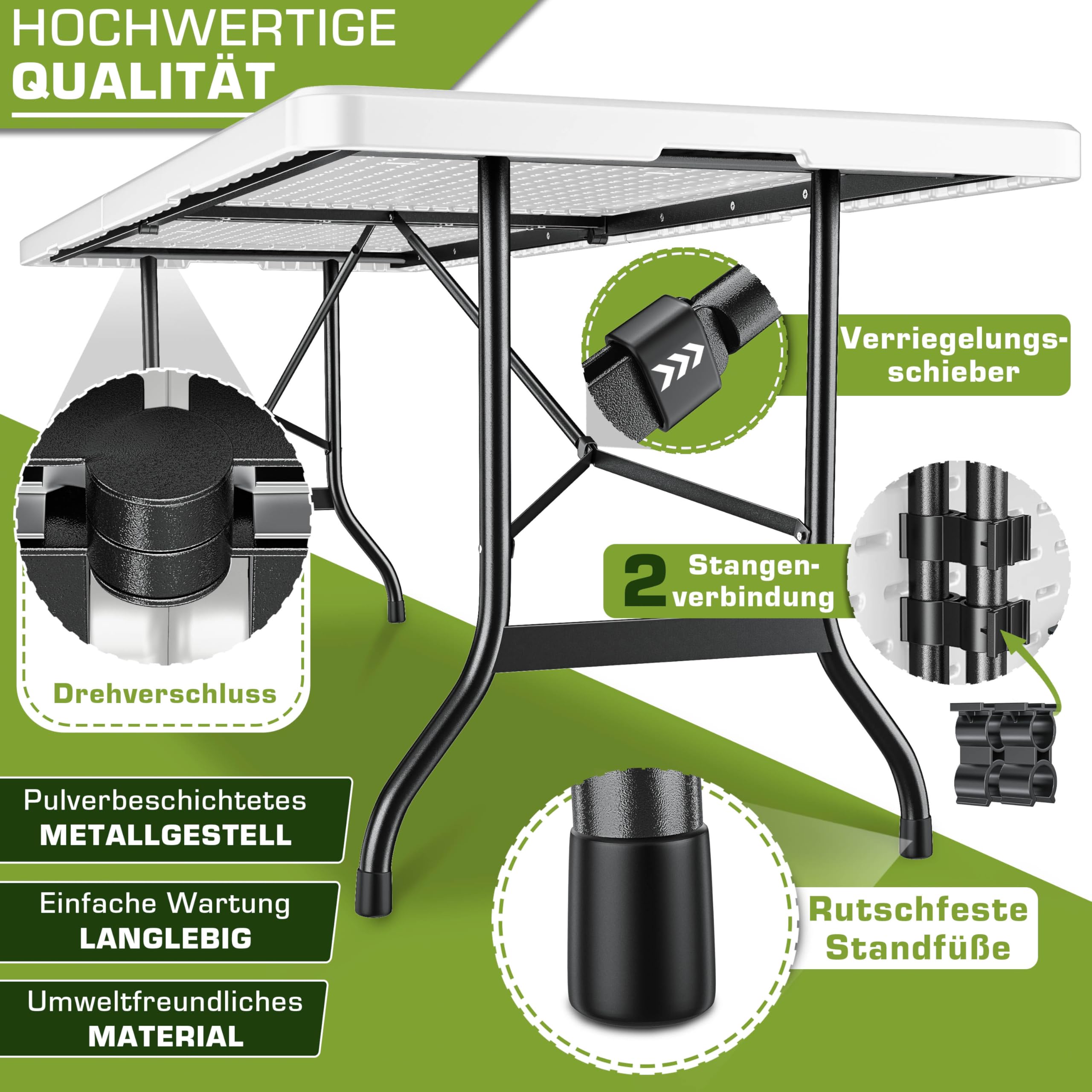 tillvex Gartentisch 180x75cm klappbar Kunststoff | Buffettisch mit Tragegriff | Klapptisch für Garten Terrasse und Balkon | Campingtisch 8 Personen