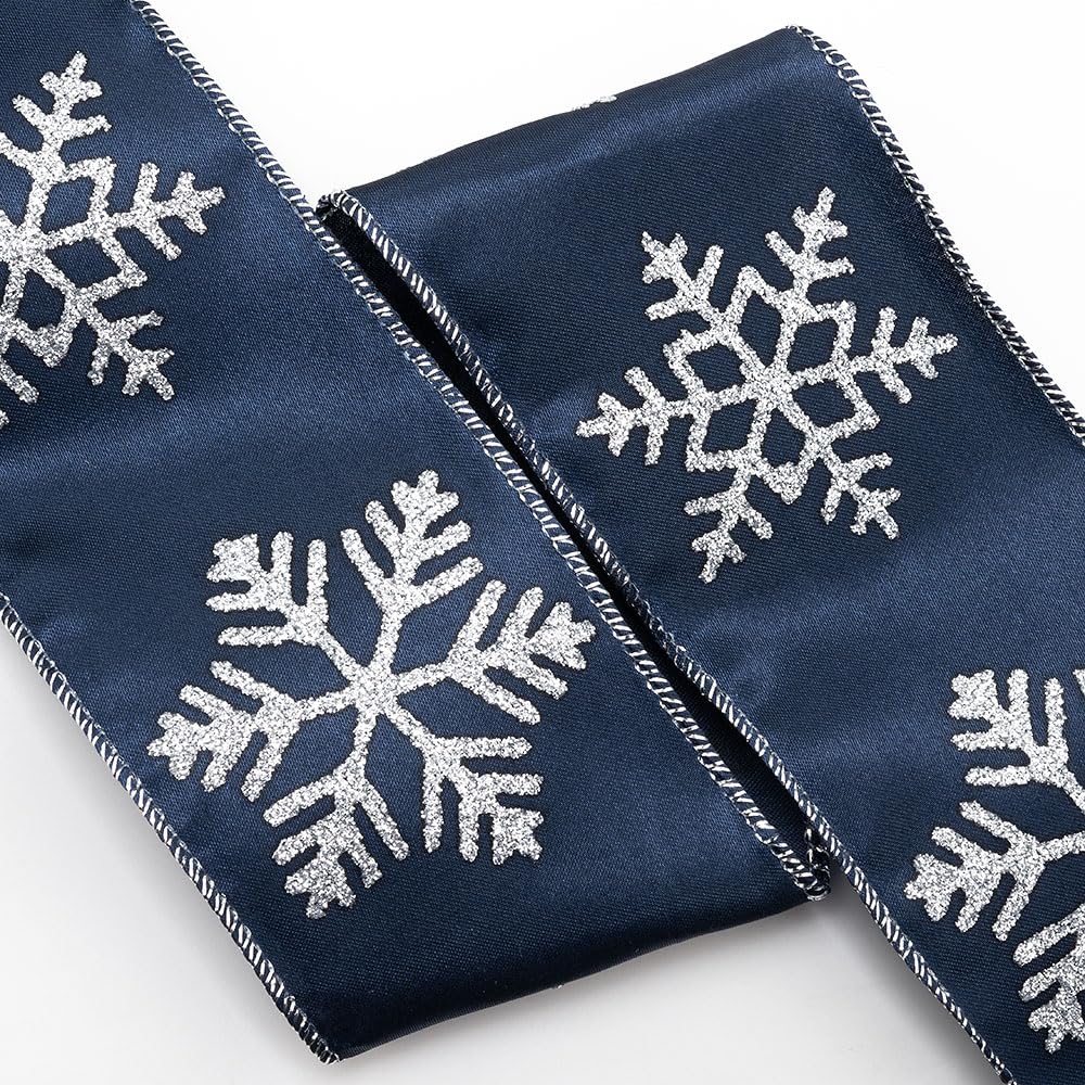 Italian Options Silver Glitter Snowflakes Navy Satin Ribbon, Wide Wired Christmas Ribbon for Crafts Gift Wrapping Accessories