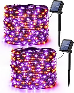 Brizled Orange & Purple Halloween Lights, 39.37ft 120 LED Orange Lights, Purple Solar Halloween Lights 8 Modes, Outdoor Twinkle Orange Halloween String Lights for Halloween Party DIY Decor, Black Wire