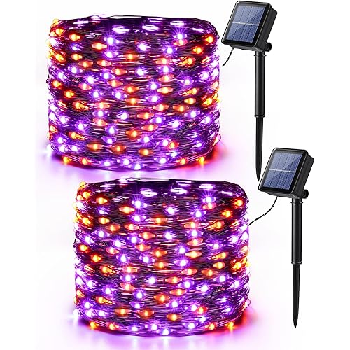 Brizled Orange & Purple Halloween Lights, 2 Pack Total 78FT 240 LED Solar Halloween Fairy Lights, 8 Modes Outdoor Orange Fairy Light, Purple Twinkle Light String Black Wire Outside Spooky Decorations