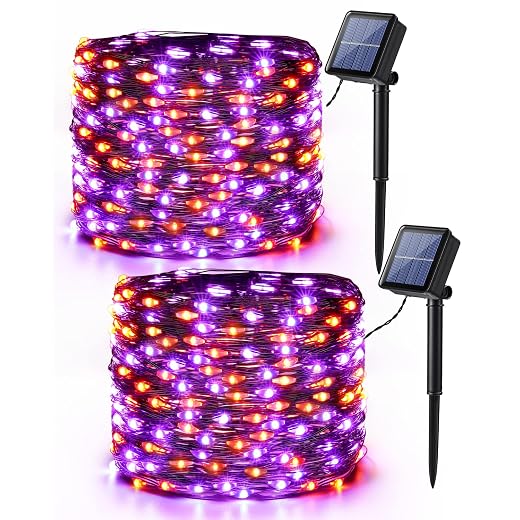 Brizled Orange & Purple Halloween Lights, 2 Pack Total 78ft 240 LED Orange Lights, Purple Solar Halloween Lights 8 Modes, Outdoor Twinkle Orange Halloween String Lights Black Wire for Halloween Decor
