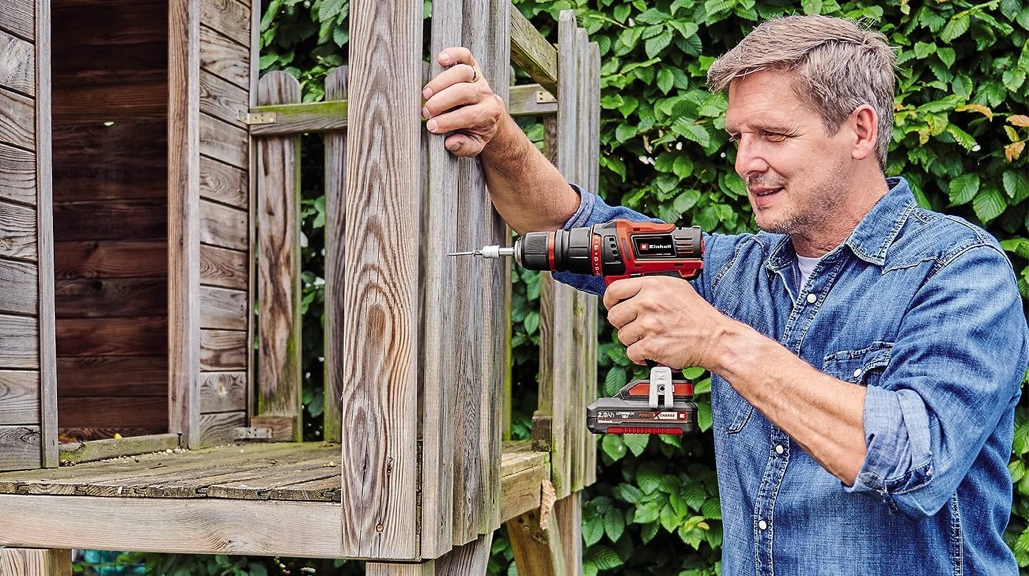 Einhell Akku-Bohrschrauber TE-CD 18/45 3X-Li+22 Power X-Change (18 V, 45 Nm, Winkelaufsatz, Exzenter Aufsatz, 22-tlg. Bitset, 2,0 Ah-Akku, Ladegerät + E-Box)