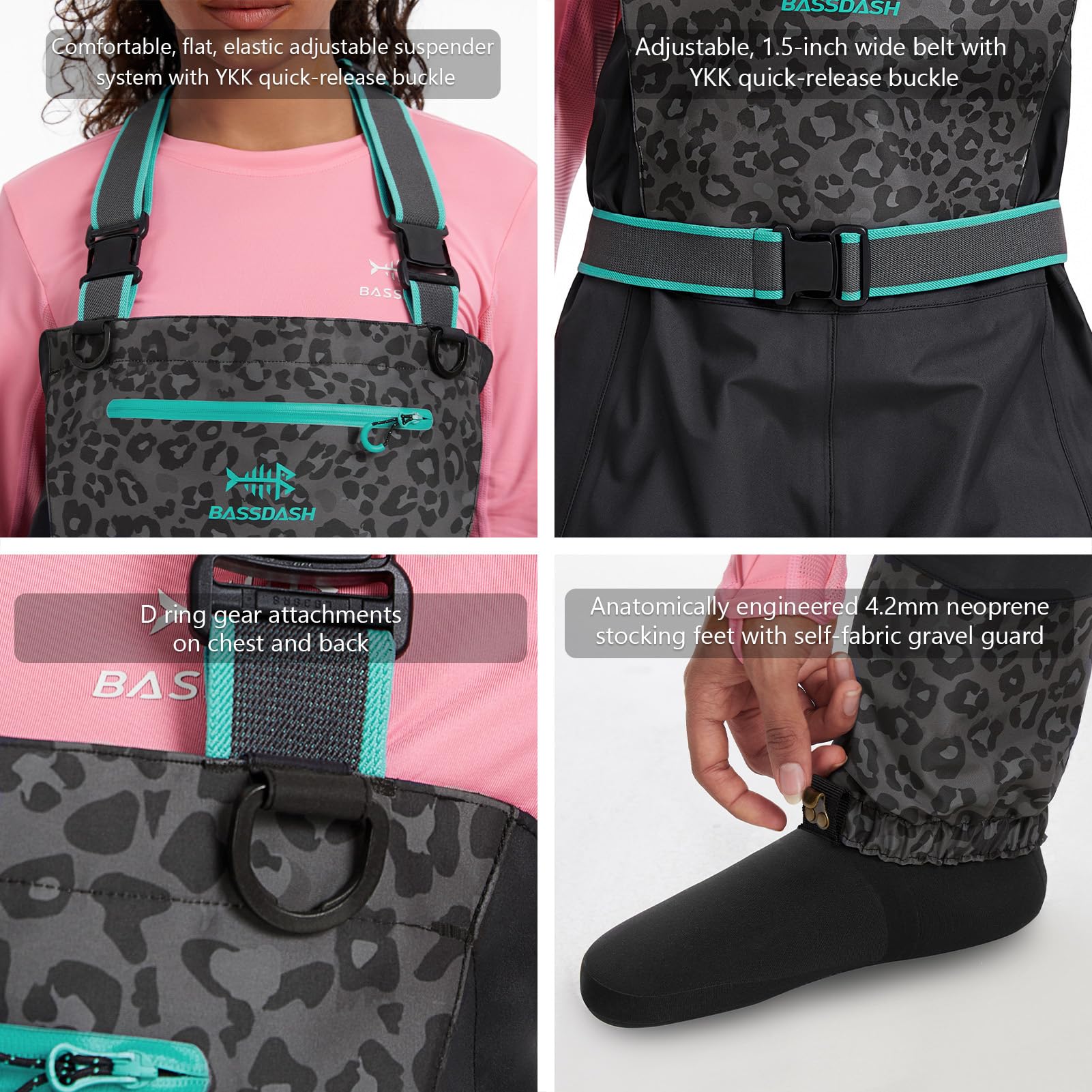 Bassdash Damen Atmungsaktive Wathosen Leopard Wasserdicht Fliegenfischen Brustwathosen Leichtgewicht Strumpfhose FW15
