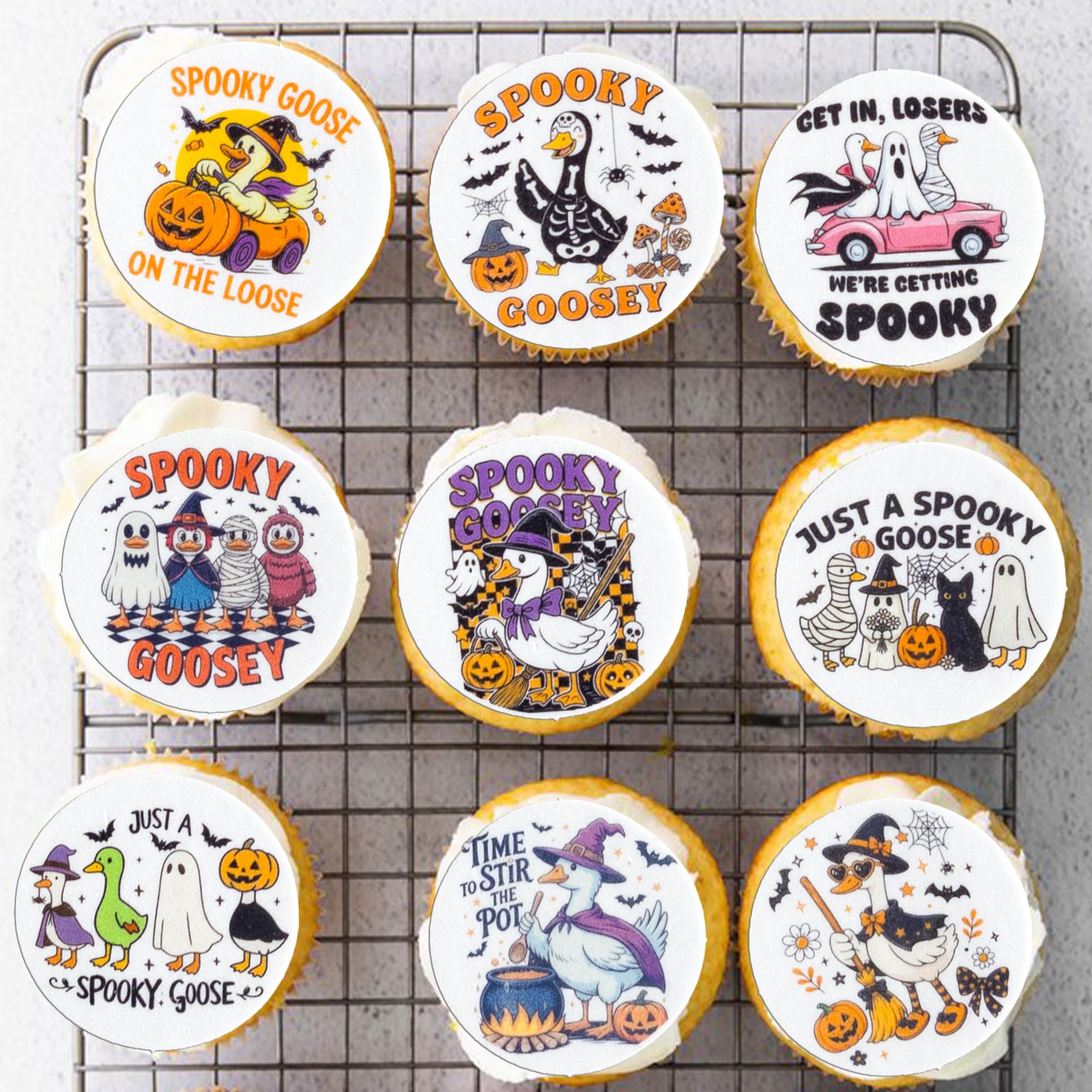 Gyufise 54Pcs Edible Happy Goose Halloween Cupcake Toppers Wafer Paper Pumpkins Ghost Cupcake Picks Trick or Treat Cupcake Toppers for Halloween Eve Theme Party White Orange