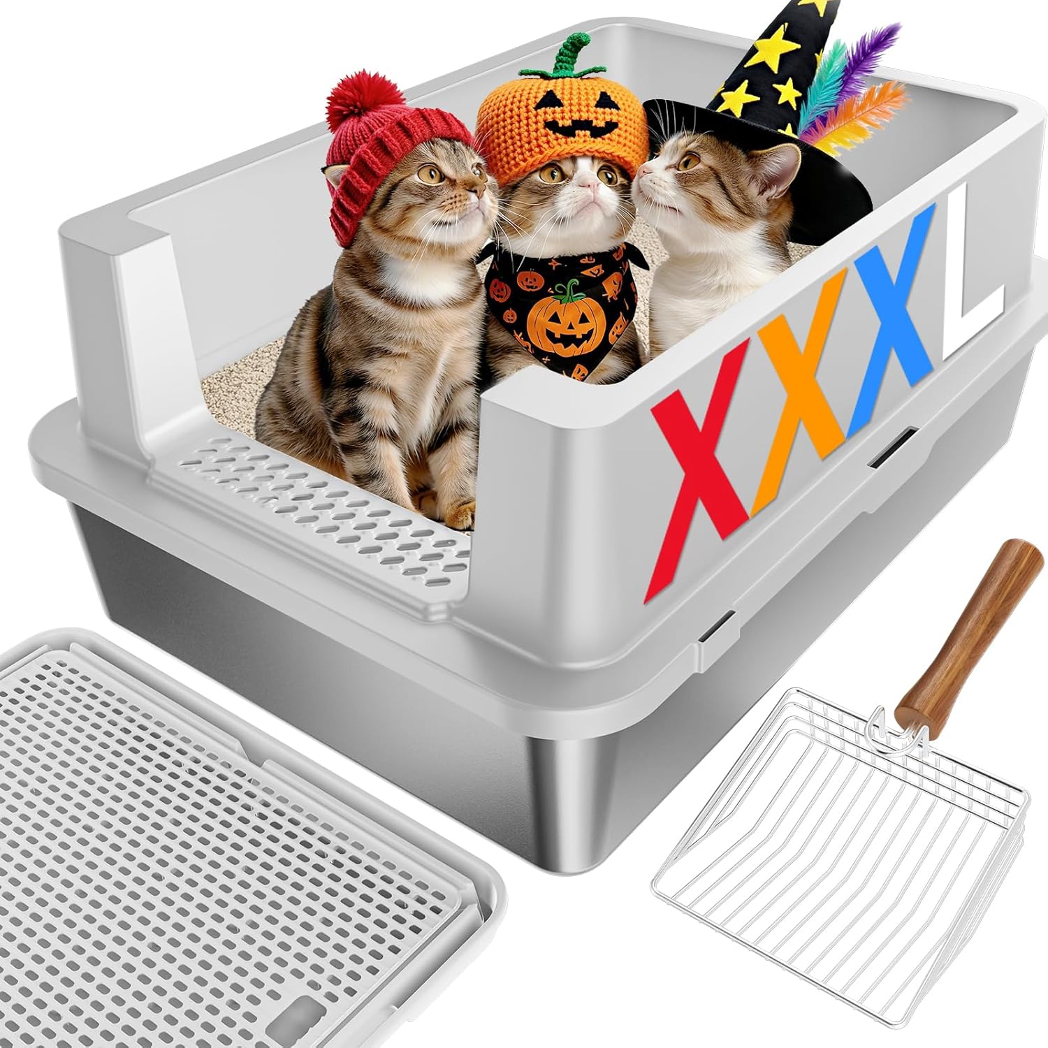 Stainless Steel Litter Box - 28" Extra Large XXXL Cat Litter Box with High Sides, Non-Sticky & Anti-Leakage for Big Cats/Multiple Cats, Includes Heavy Duty Metal Scoop, Grey Gray