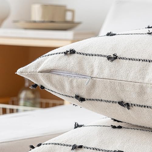Miniatura 9 de Juego de 2 fundas de almohada bohemias de 12 x 20 pulgadas, modernas fundas de cojín decorativas de lino copetudo, fundas de almohada neutras para