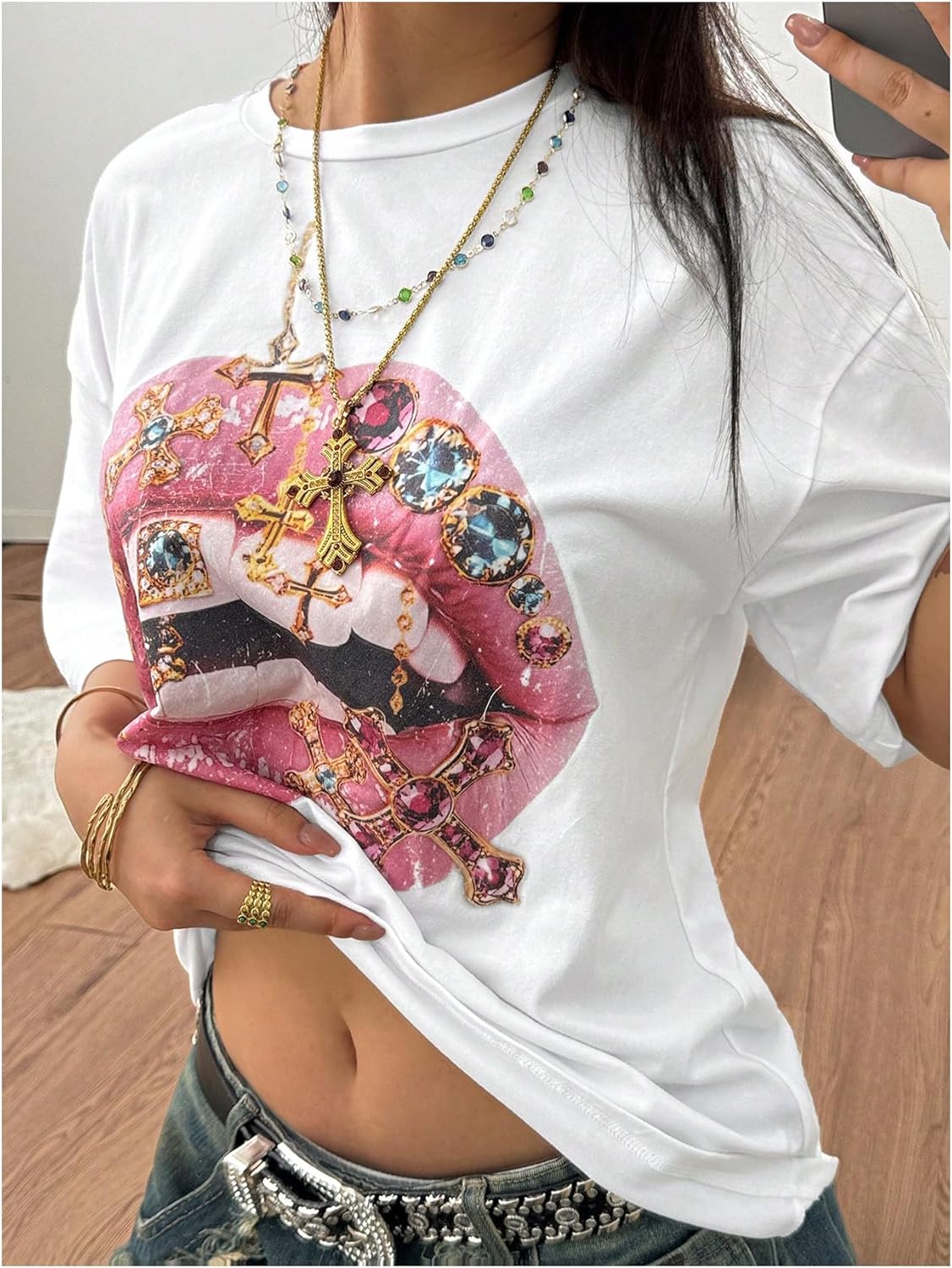 WDIRARA Women's Lip Graphic T Shirts Crew Neck Half Sleeve Tee Streetwear Tops - Image 5