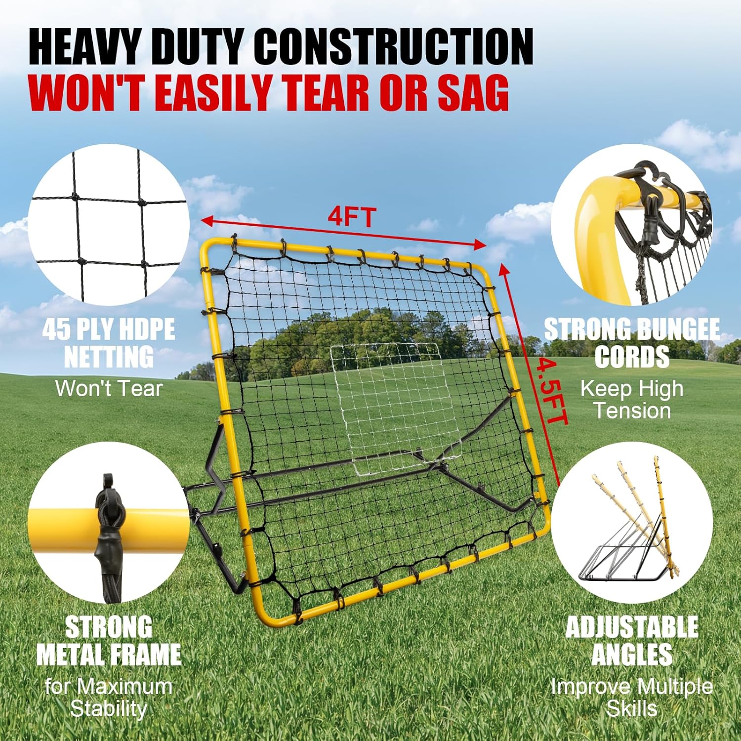 Baseball Rebounder Net, 4x4.5FT Bounce Back Net Fielding Trainer w/ 3 Adjustable Angles for Baseball and Softball Pitch Back Rebound Practice, UV & Weather Resistant Easy-Fold Design