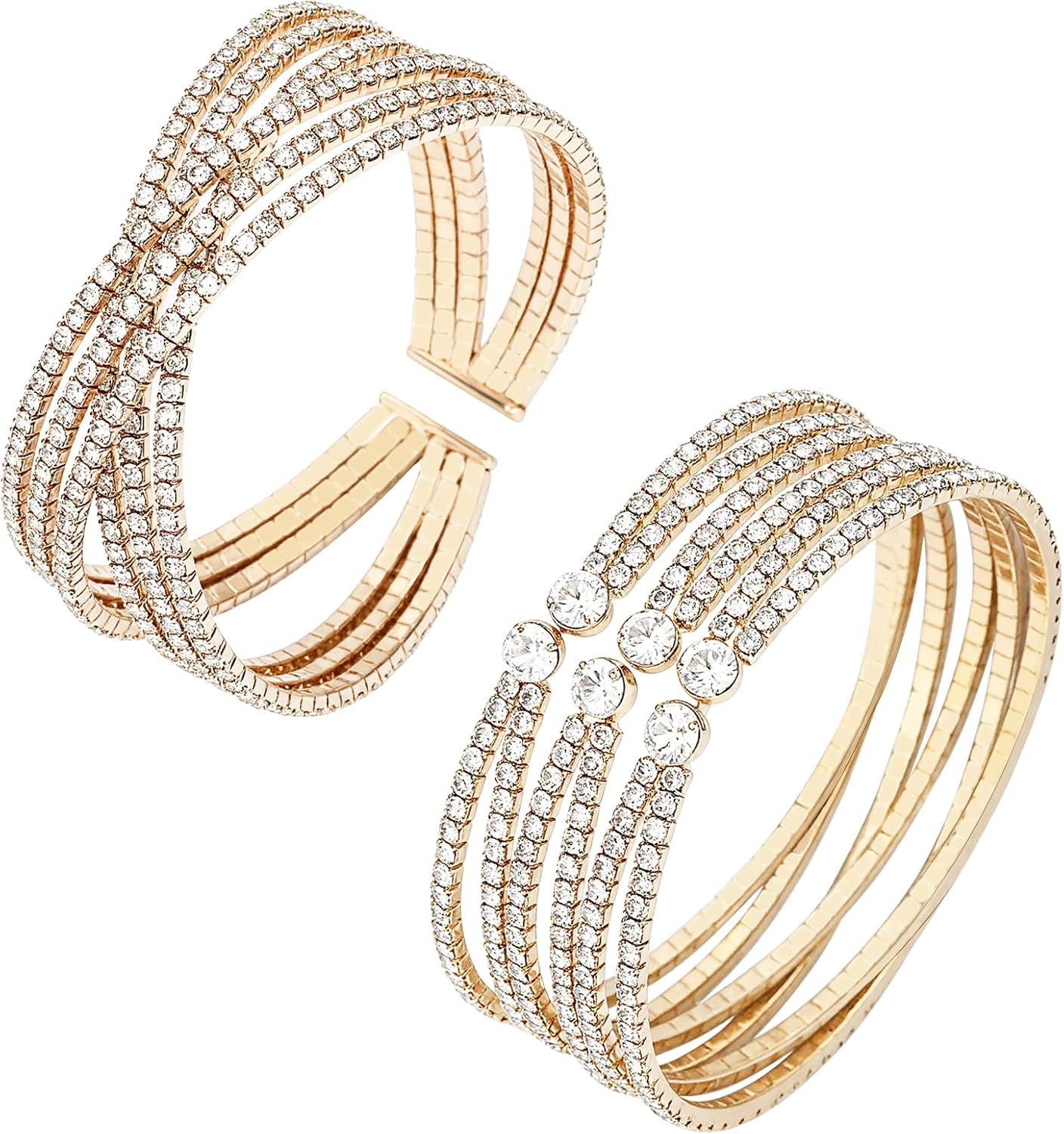 NEWITIN 2 Pieces Rhinestone Cuff Bracelet for Women Crystal Multilayer Bridal Bracelet Silver Adjustable Bangle Sparkling Rhinestone Open Bracelets for Women Costume Jewelry Dance Party Wedding