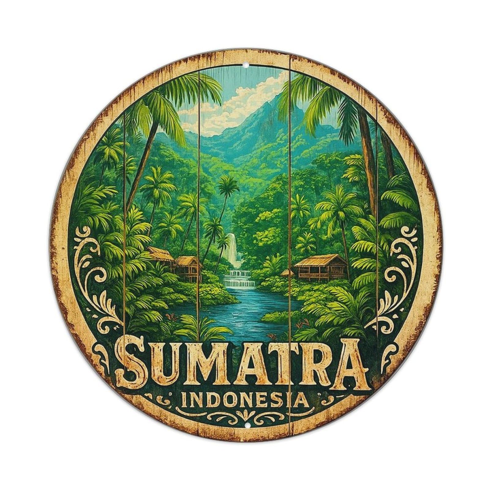 Tropical Jungle Landscape With Waterfall And Hut Retro Metal Sign Round Tin Sign, Vintage Decor Art Poster for Bar, Home, Man Cave, Kitchen, Laundry Room Gift 8x8Inch