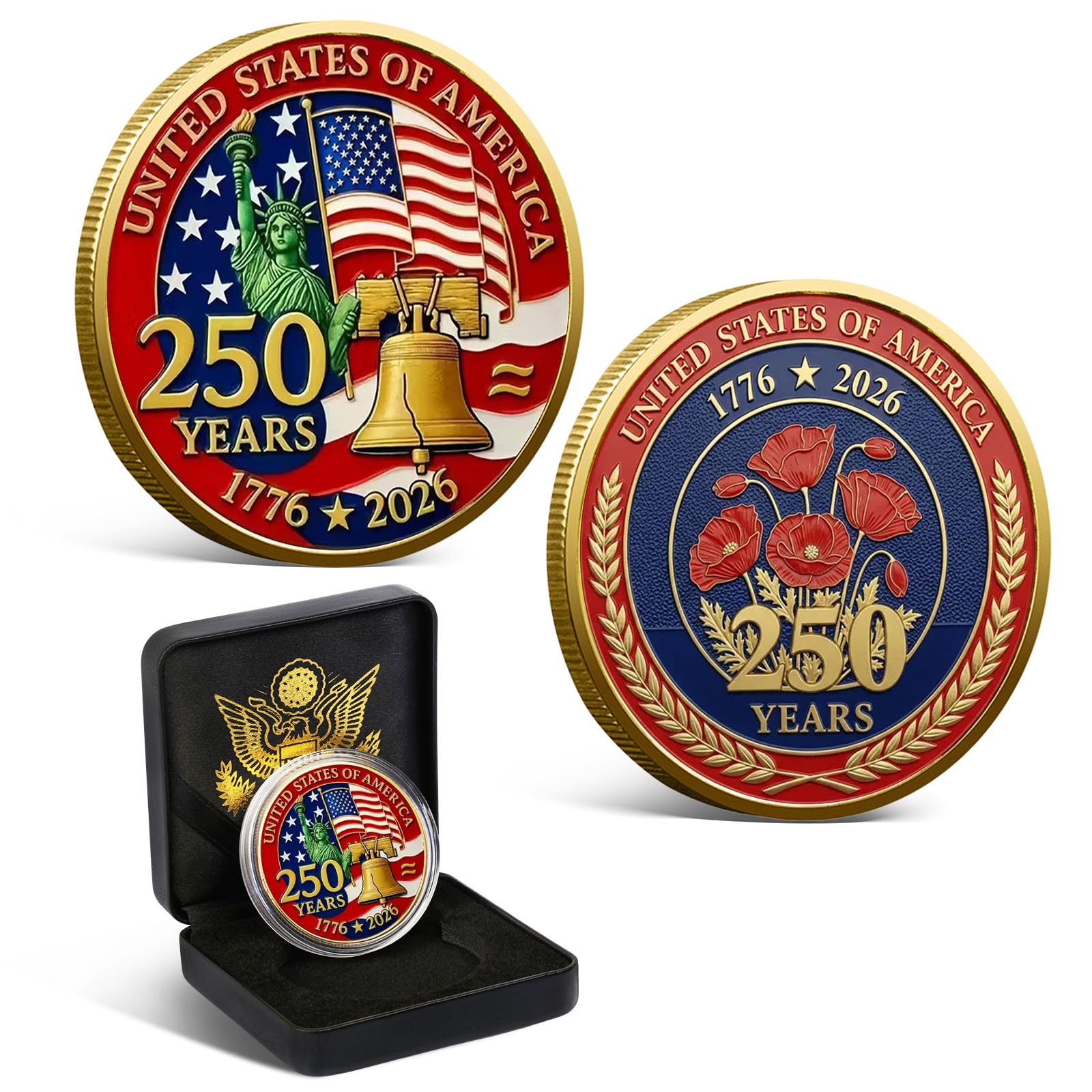 USA 250th Anniversary Commemorative Coin 1776-2026 with Gift Box, America 250 Challenge Coin, 250th Anniversary USA Collectible, Patriotic Liberty Eagle Coin, America 250th Birthday Gift