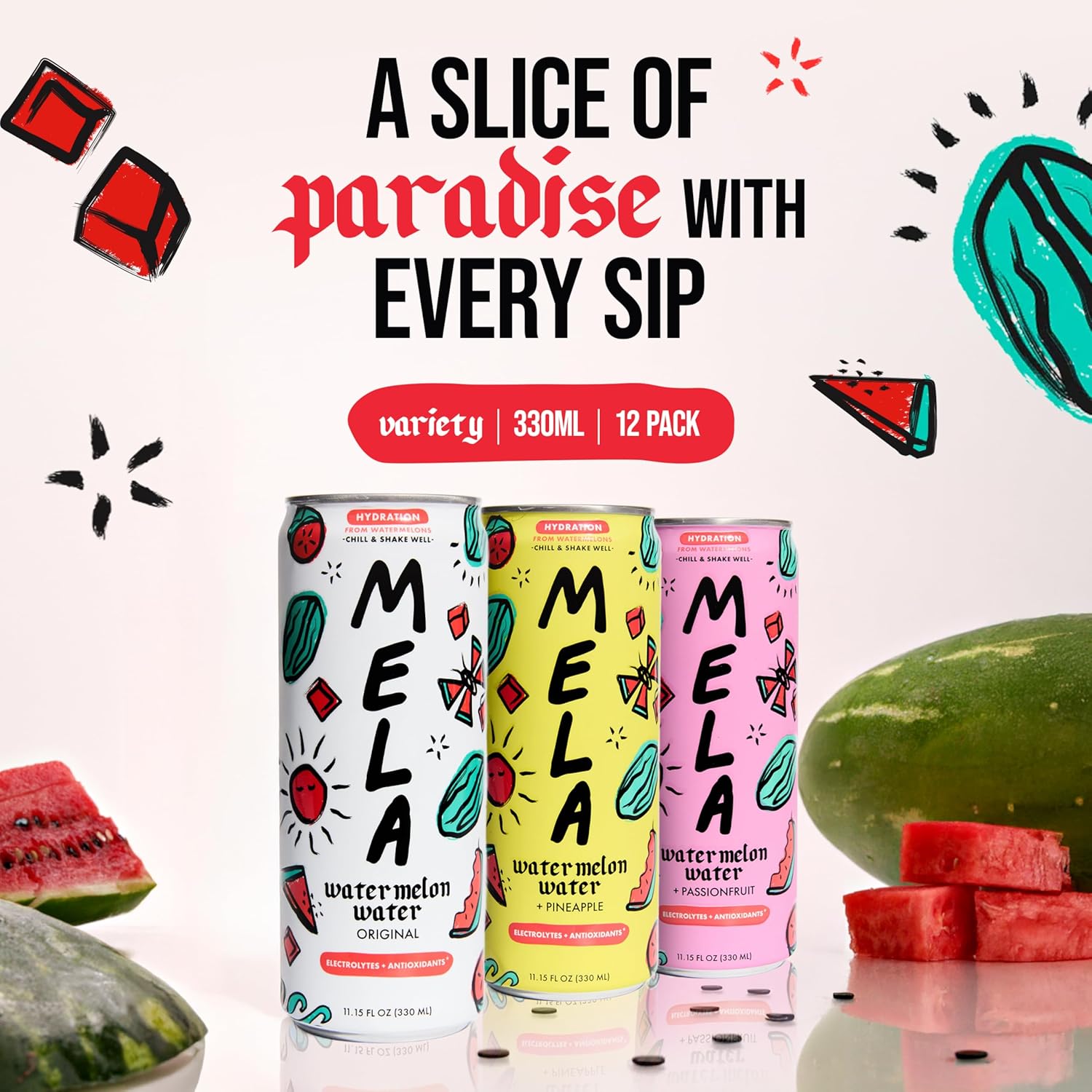 Mela Watermelon Water - Watermelon Juice, 100 Percent Natural Fruit Juice with Vitamin C, Electrolytes, Antioxidants - Coconut Water Alternative, Gluten-Free (Variety, 11.15 fl oz, 12-pack)