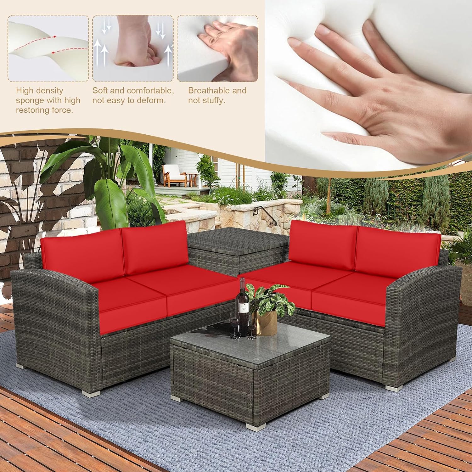 Outdoor Sectional Cushions, 5" Replacement Cushions for Patio Furniture, 9 Piece Water-Resistant Couch Replacement Set(No Furniture), for 4-seat Patio L Shaped Wicker Sofa (Red)