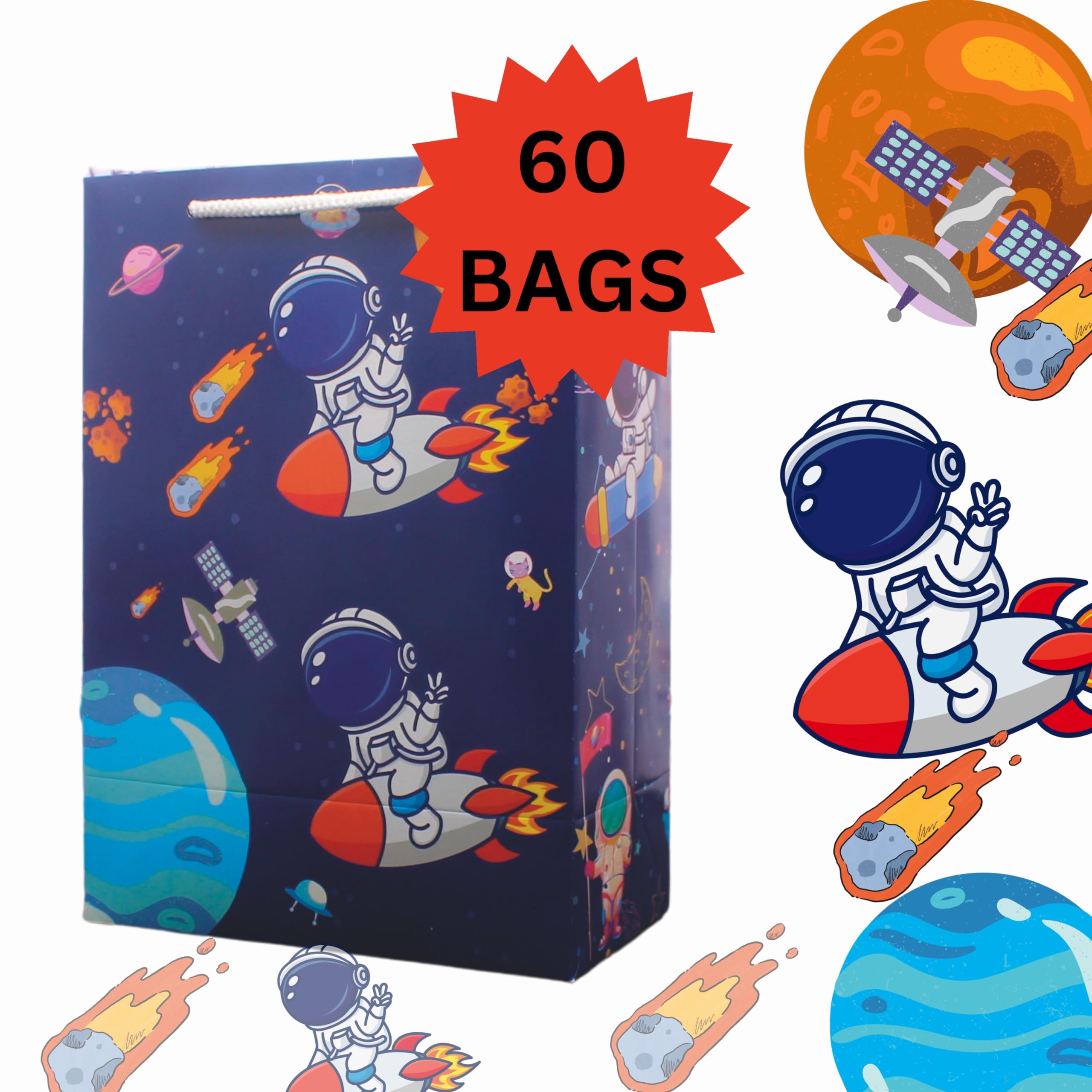 Arrow Paper Products Astronaut Design Gift Bags For Gifting|Weddings|Birthday|Holiday Presents (Pack Of 60),Multicolour 1