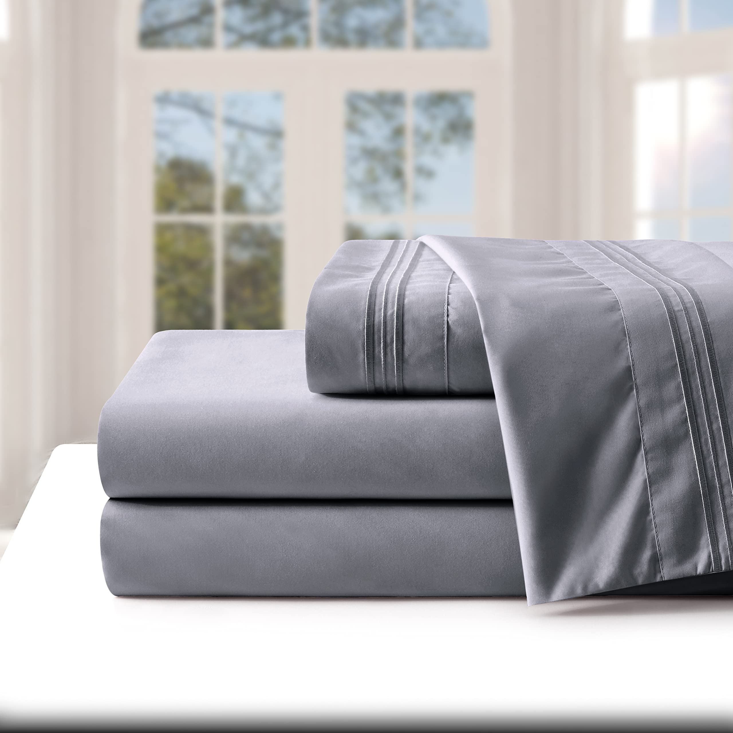 5 Pcs Sheet Set with Pleated Bed Skirt Vertical 3 Line Embroidered Matching Thread Extra Deep Pocket Fit