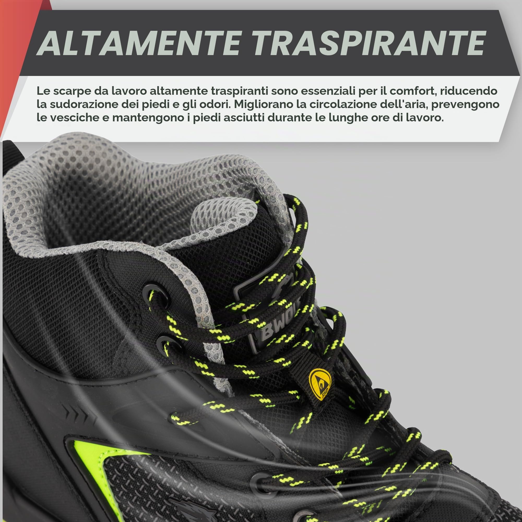 BWOLF HIS3S Scarpe Antinfortunistiche da Uomo Alte S3 da Materiale Innovativo, Impermeabili, 4x4 Grip Tech, Suola Ergo ESD