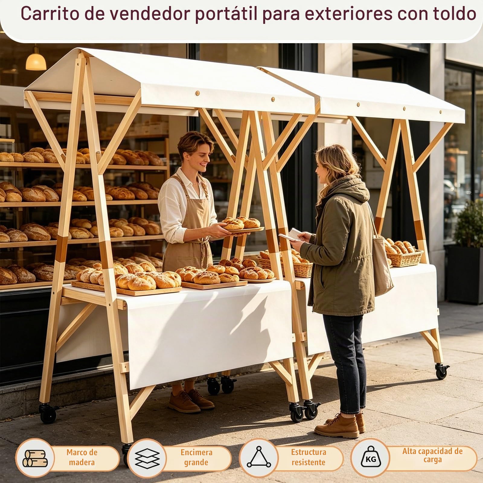 HARELA Genérico Puesto de Mercado con Toldo y Ruedas, Carrito de Comida callejera de Madera, Carro de Venta Ambulante para Perritos Calientes/Salchichas/Pan(White,120cm/47.2in)