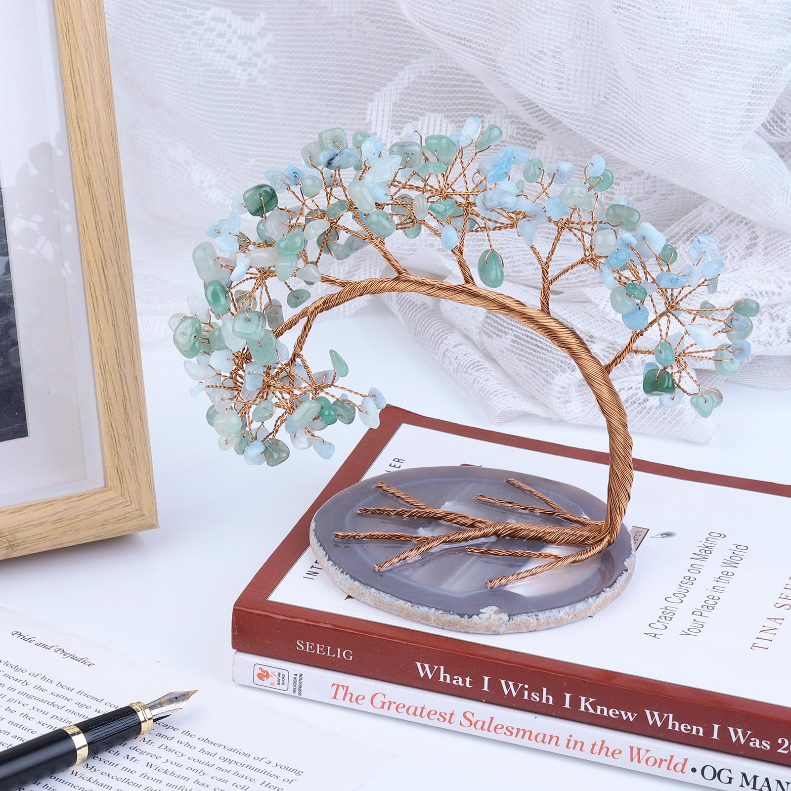 Nupuyai Grüner Aventurin & Aquamarin Kristall Baum Feng Shui Edelstein Baum Lebensbaum, Glücksbaum, Geldbaum Geschenk, Hochzeit, Deko, 4.5-5.2 Zoll