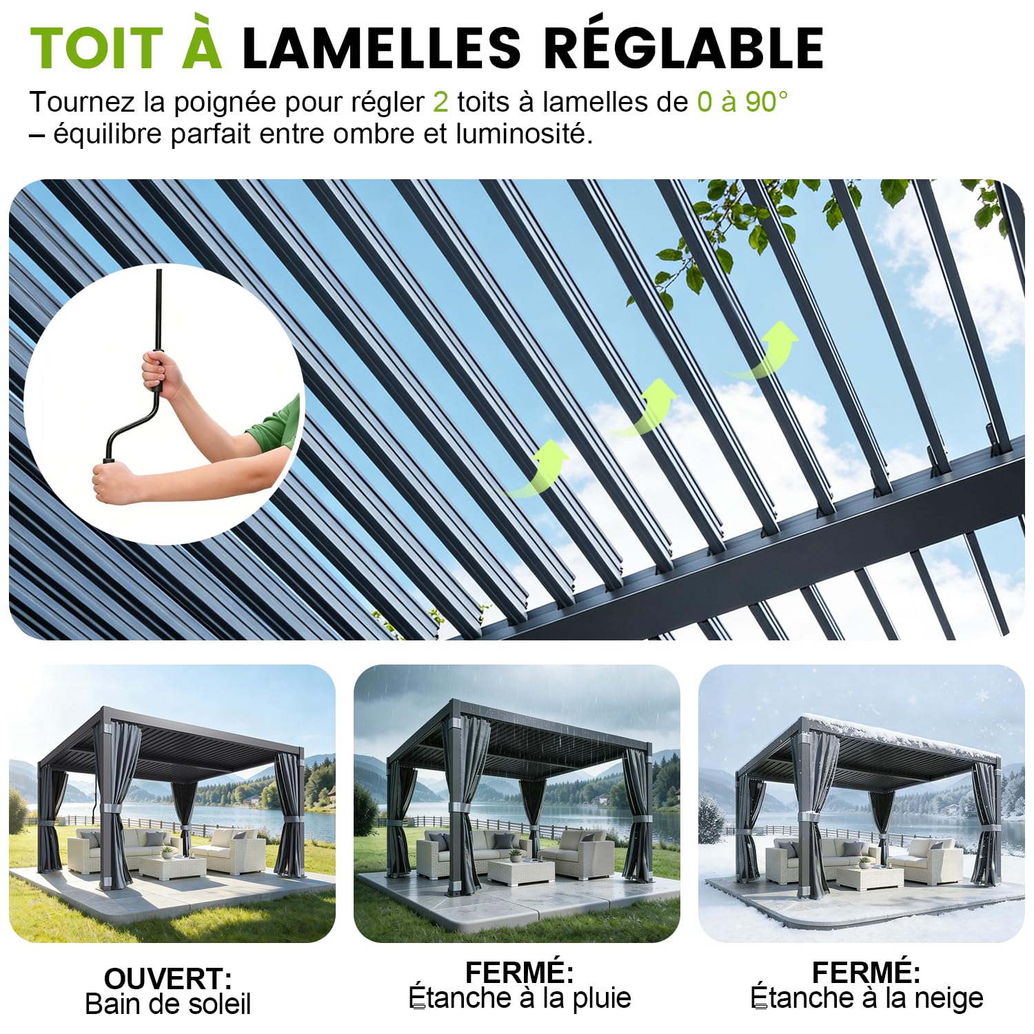Pergola Bioclimatique 3x3 m, Pergola en Aluminium et Acier avec Toit à Lamelles Orientables, Tonnelle de Jardin avec Rideaux Étanches et Moustiquaires, Noir