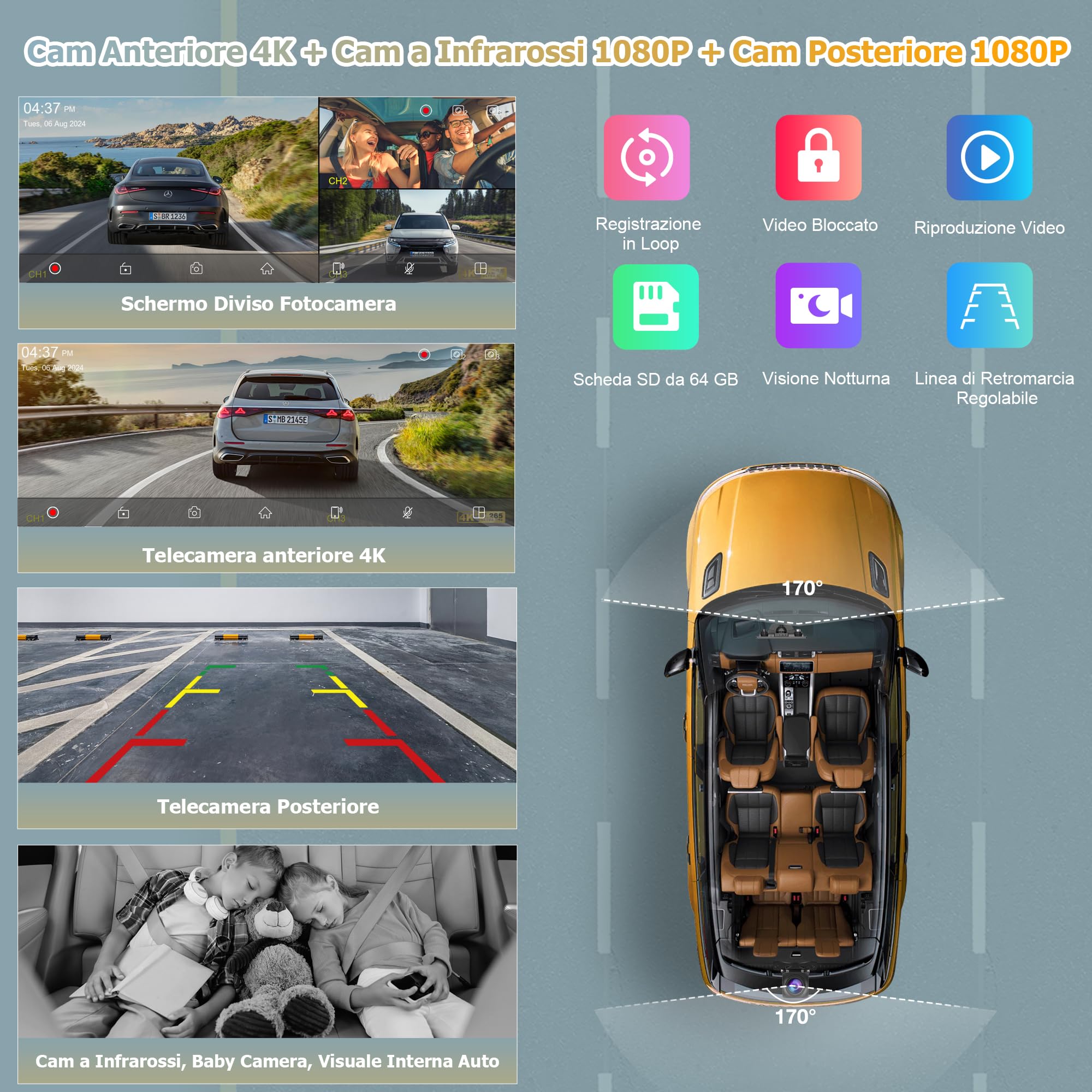 CARPURIDE W903S Schermo con CarPlay & Android Auto e Dash Cam 3 Canali | IPS HD 9,3", Telecam Frontale 4K, Posteriore 1080P, Infrarossi 1080P, Registrazione Loop, GPS, Bluetooth, Siri, Mirror Link