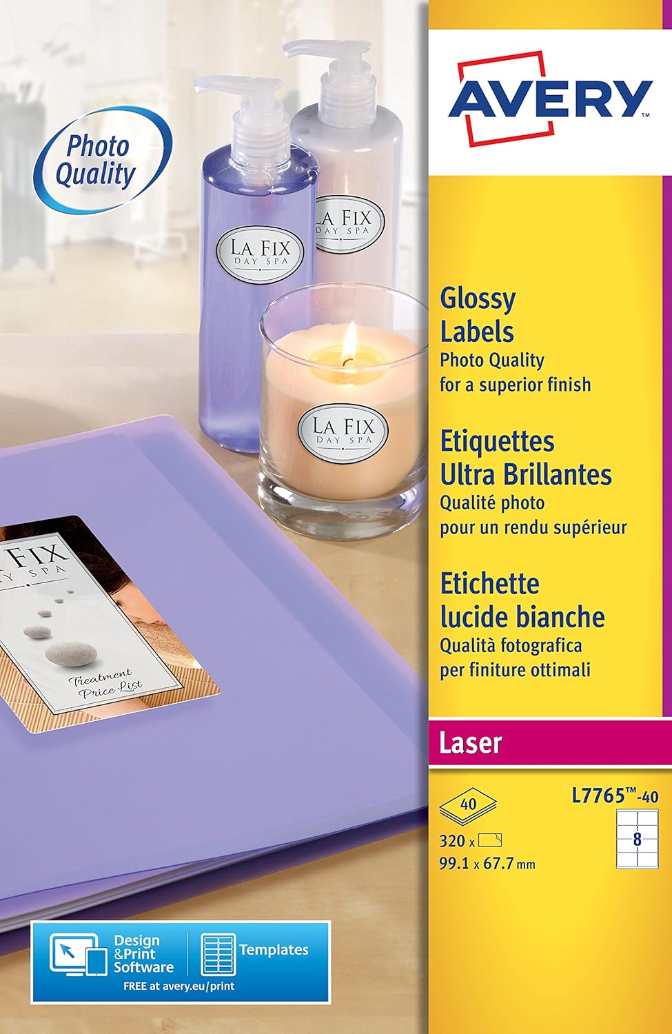 Avery L7765-40 Self-Adhesive Glossy Labels, 8 Labels Per A4 Sheet, White