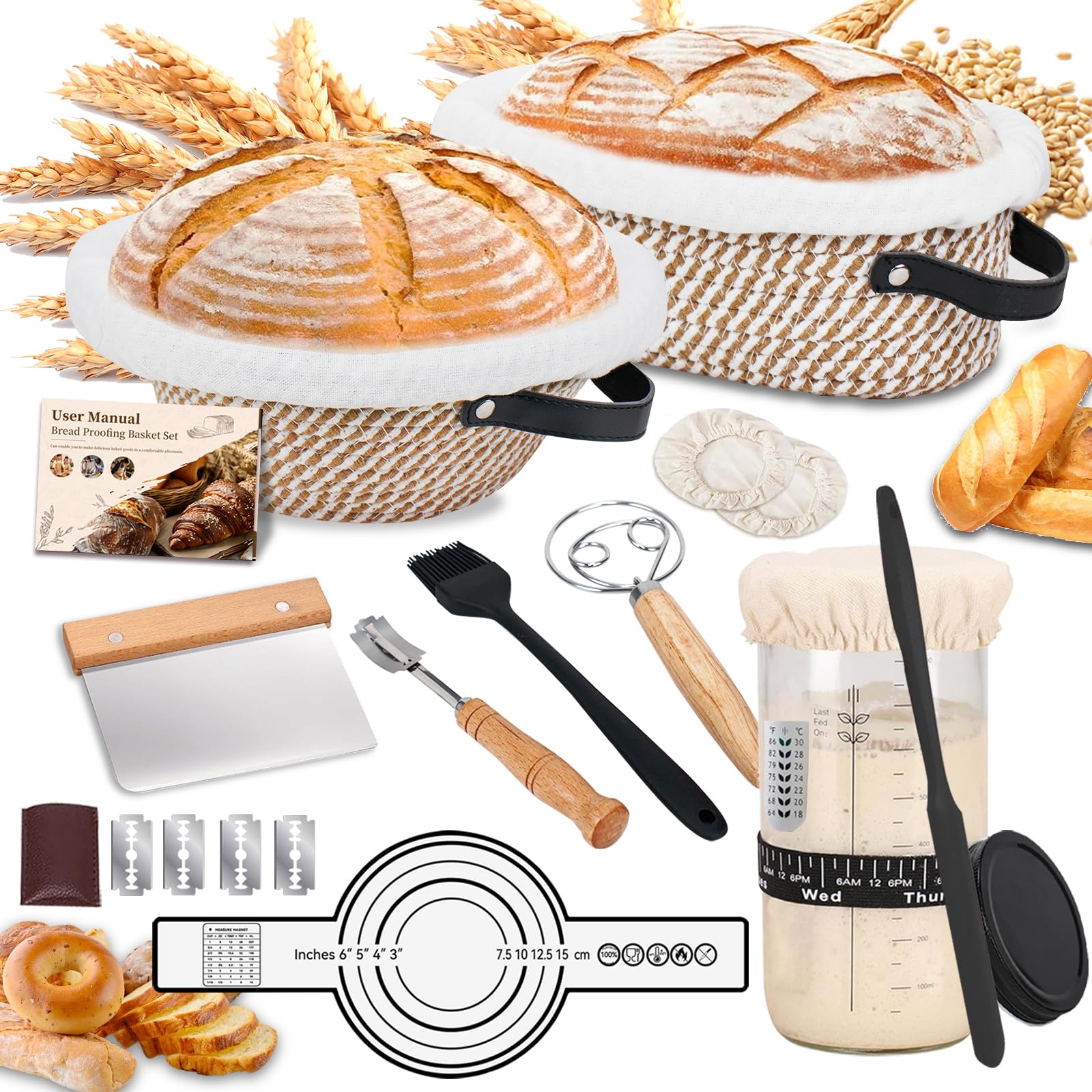 Sourdough Starter Kit with 10" Round & 9" Oval Banneton Proofing Basket, Complete Sourdough Bread Making Tools, Starter Jar, Bread Sling, Dough Whisk, Scrapers, Perfect Baking Kit Gifts for Bakers Mom