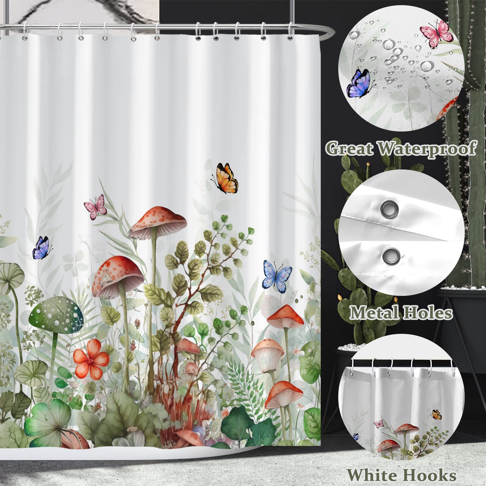 Ttincceer Mushroom Shower Curtain Wild Flower Sage Green Leaves Bath Curtain Colorful Butterfly Botanical Floral Bathroom Curtains Waterproof Bathtub Curtain 72x72inch - Image 3
