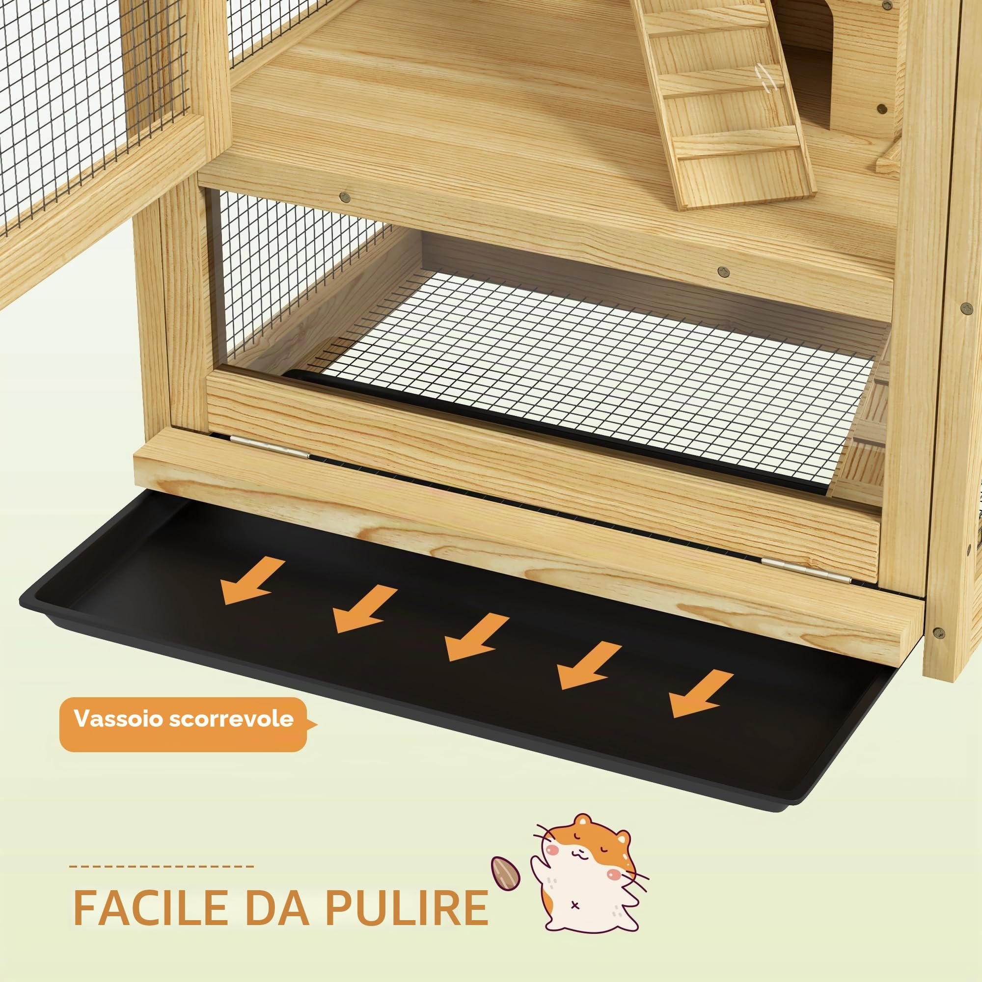 PawHut Gabbia per criceti o topi, piccoli animali in legno, 5 livelli con scala, nicchia, altalena, vassoio rimovibile, abbeveratoio, 54 x 38 x 131 cm, naturale