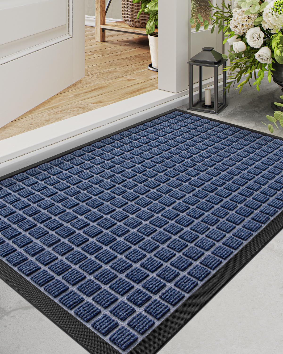 Tapis de porte d'entrée de terrasse DEXI bleu pour garder la maison propre après le jardin