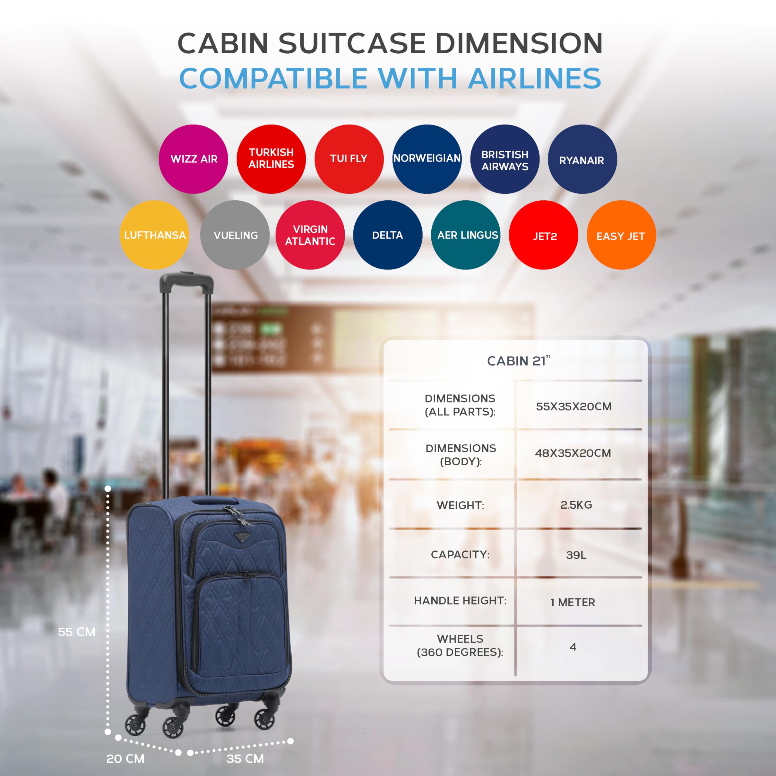 Flight Knight Lightweight 4 Wheel 800D Soft Case Quilted Suitcase Robust Anti Crack Cabin Carry On Hand Luggage Approved for Over 100 Airlines Including easyJet, BA & Many More!