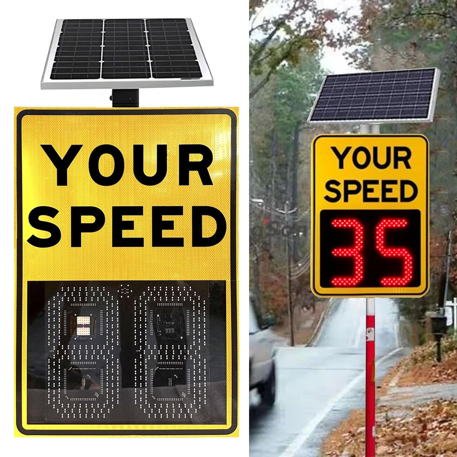 Radar De Velocidad - Pantalla Roja Y Verde De 0-99, Sseñal De Límite De Velocidad Solar, Señales LED De Límite De Velocidad, Alcance De Detección De 200M, Aplicable a 3-4 Carriles Yellow-60×90cm