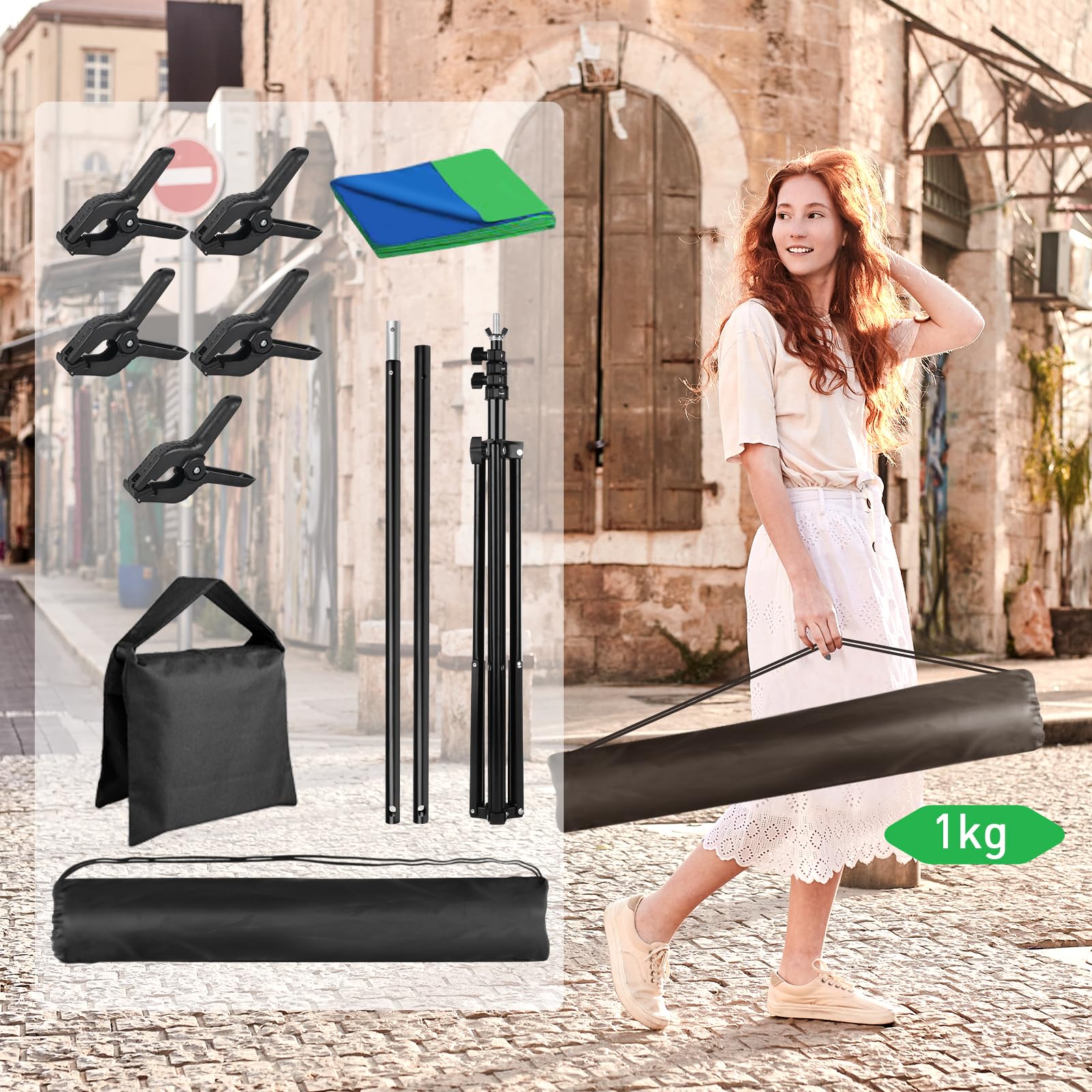 Sfondo verde e blu con supporto, 2 in 1, 2 x 1,5 m, kit di sfondo blu e verde per chroma key, streaming, giochi, servizi fotografici, con borsa per il trasporto e 5 clip