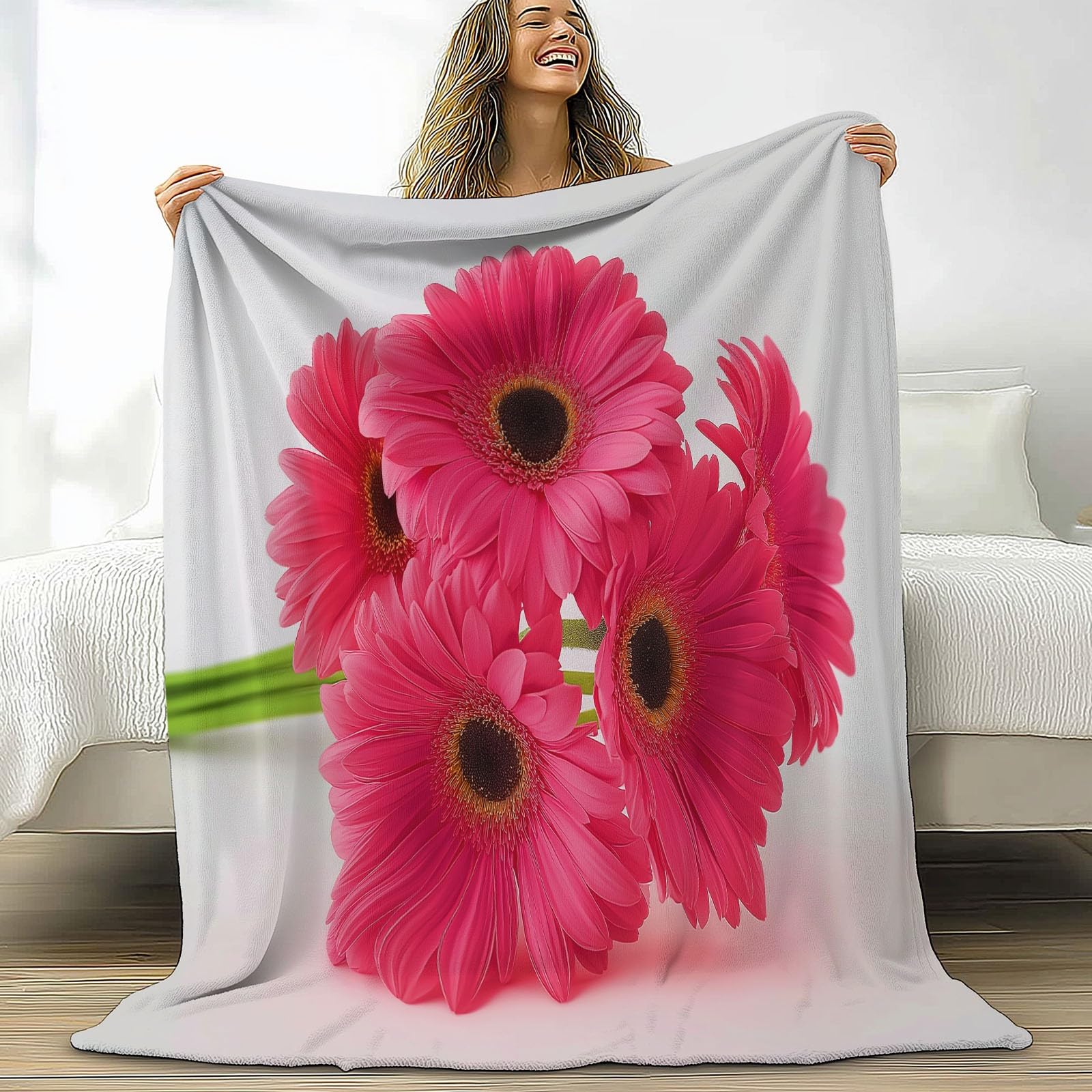 Ciepła flanelowa różowa gerbera, bukiet sherpa koc, 221 x 239 cm, miękki, przytulny, realistyczny koc do fotografii, pluszowy, flanelowy, polarowy, 220 x 240 cm, dla dziewcząt, dzieci, dorosłych, na