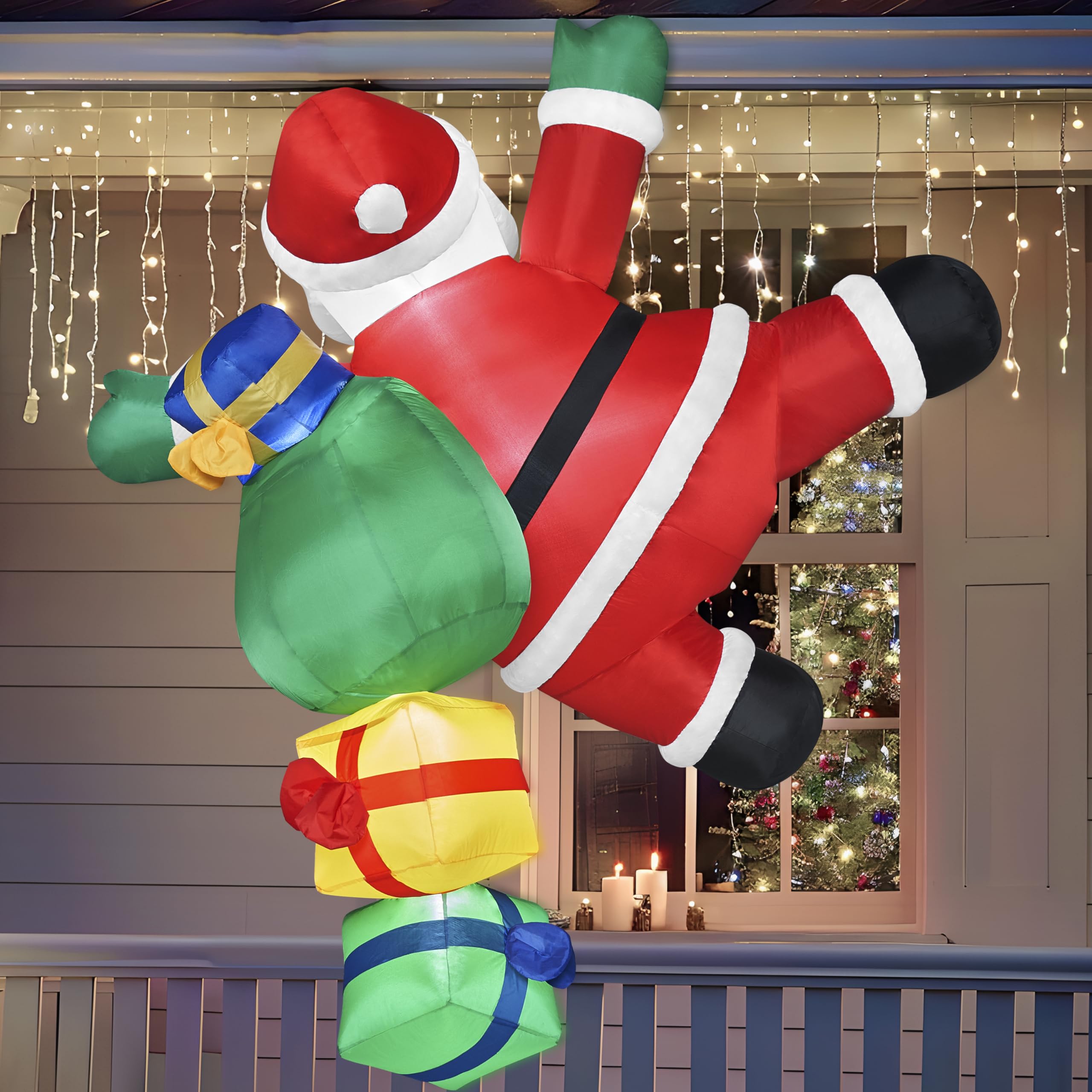 JOIEDOMI Papá Noel Inflable de Navidad de 6 pies de Alto con Bolsas de Regalo, Papá Noel Inflable para Colgar en Exteriores con Luces LED integradas para decoración de Fiestas navideñas