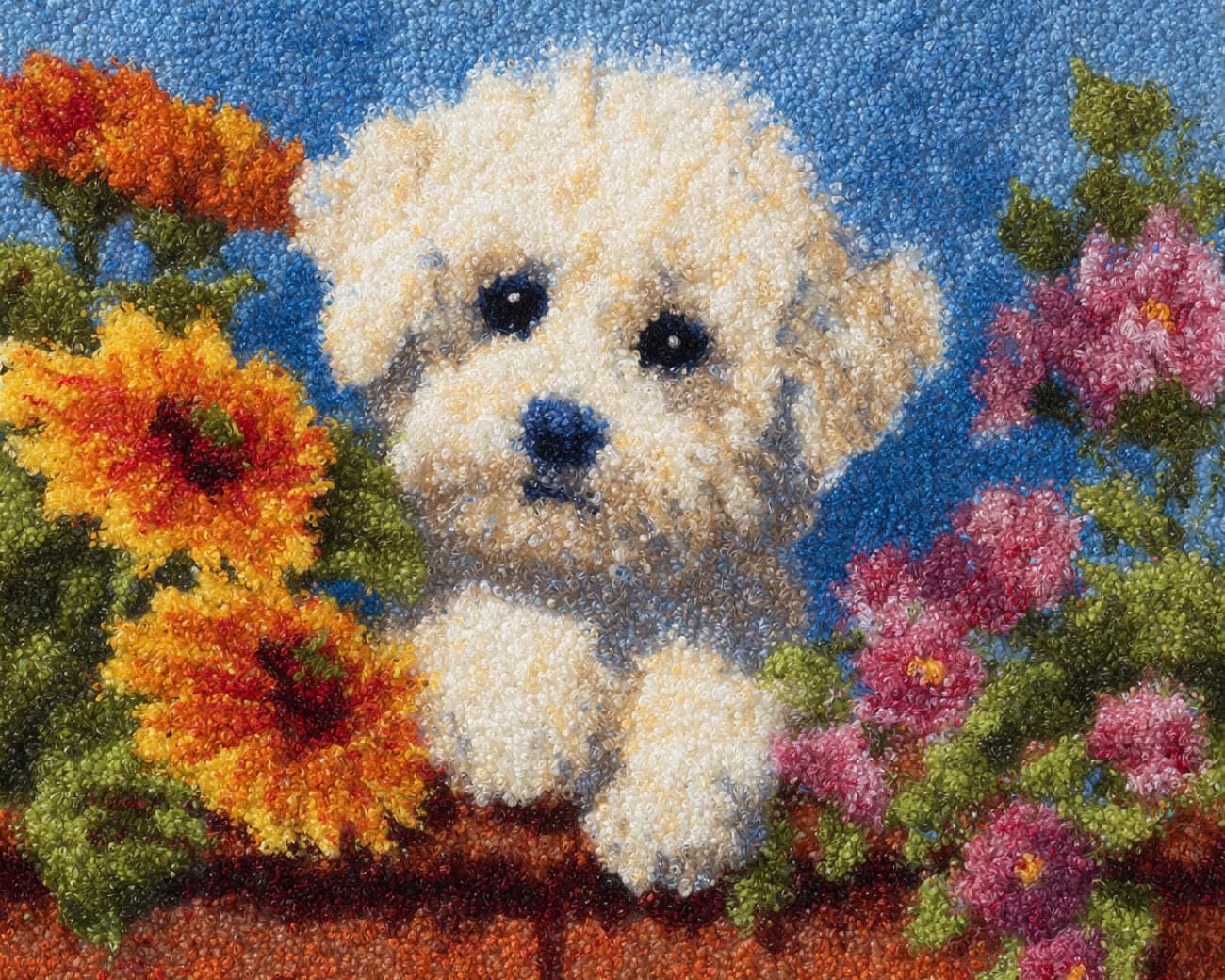 AMBATTERY Large Rug Making Kit White Dog and Flowers 60x40cm