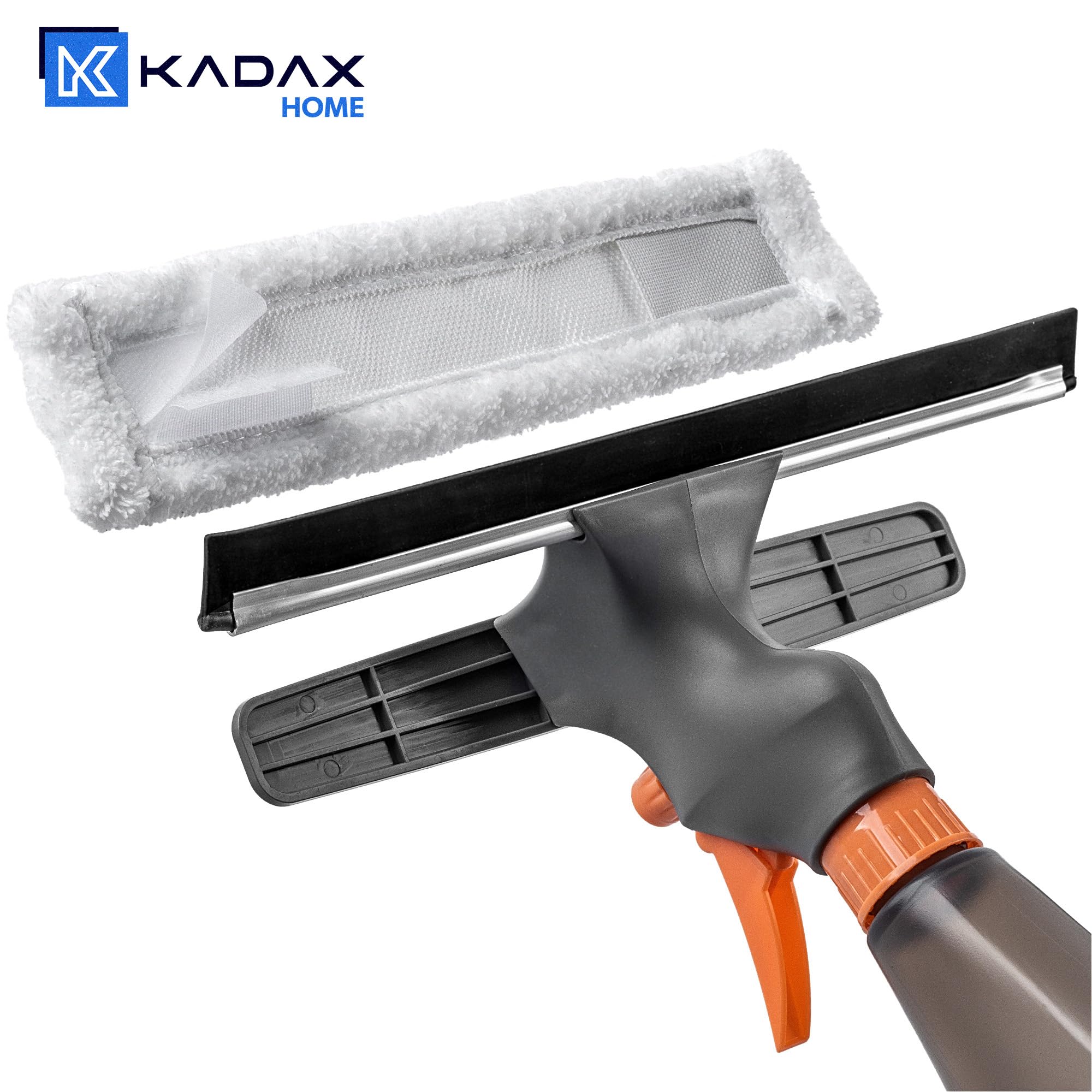 KADAX Spryskiwacz do okien z mikrofibrowym padem i ściągaczką 250 ml, precyzyjny rozpylacz równomiernie zwilża powierzchnię, pad usuwa zabrudzenia bez smug, do szybkiego mycia szyb i luster