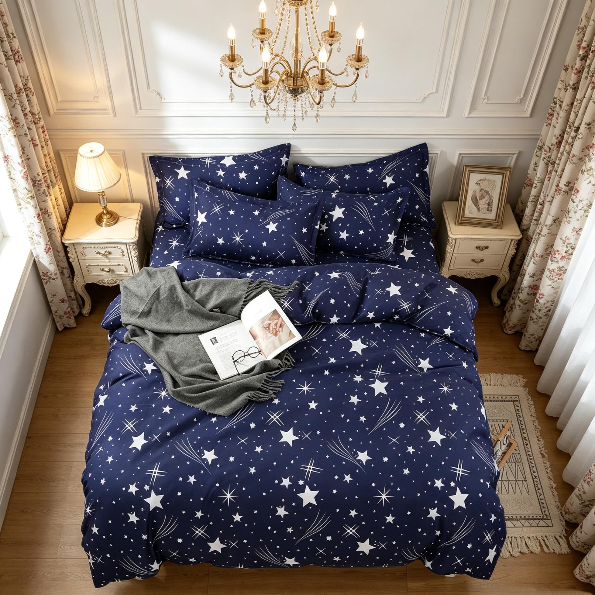 Parure de couette 240x260 cm bleu marine et 2 taies d'oreiller au motif ciel étoilé toutes saisons