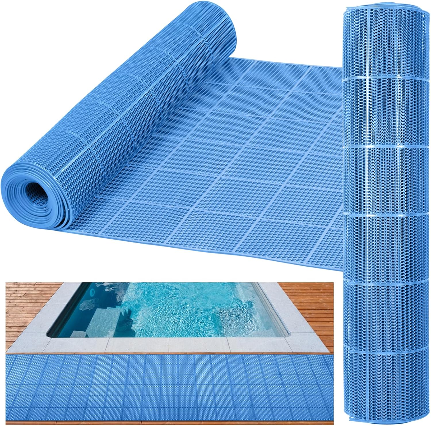 Drainage Pool Flooring Mats PVC Splash Matting Non Slip Swimming Pool Mat Mesh Hollow Door Mat Roll for Outdoor Indoor Garage Restaurant Sauna SPA Heavy Duty Commercial Anti Slip Floor Mat (3*10 ft) Blue 35.4" x 118" (Rectangular)